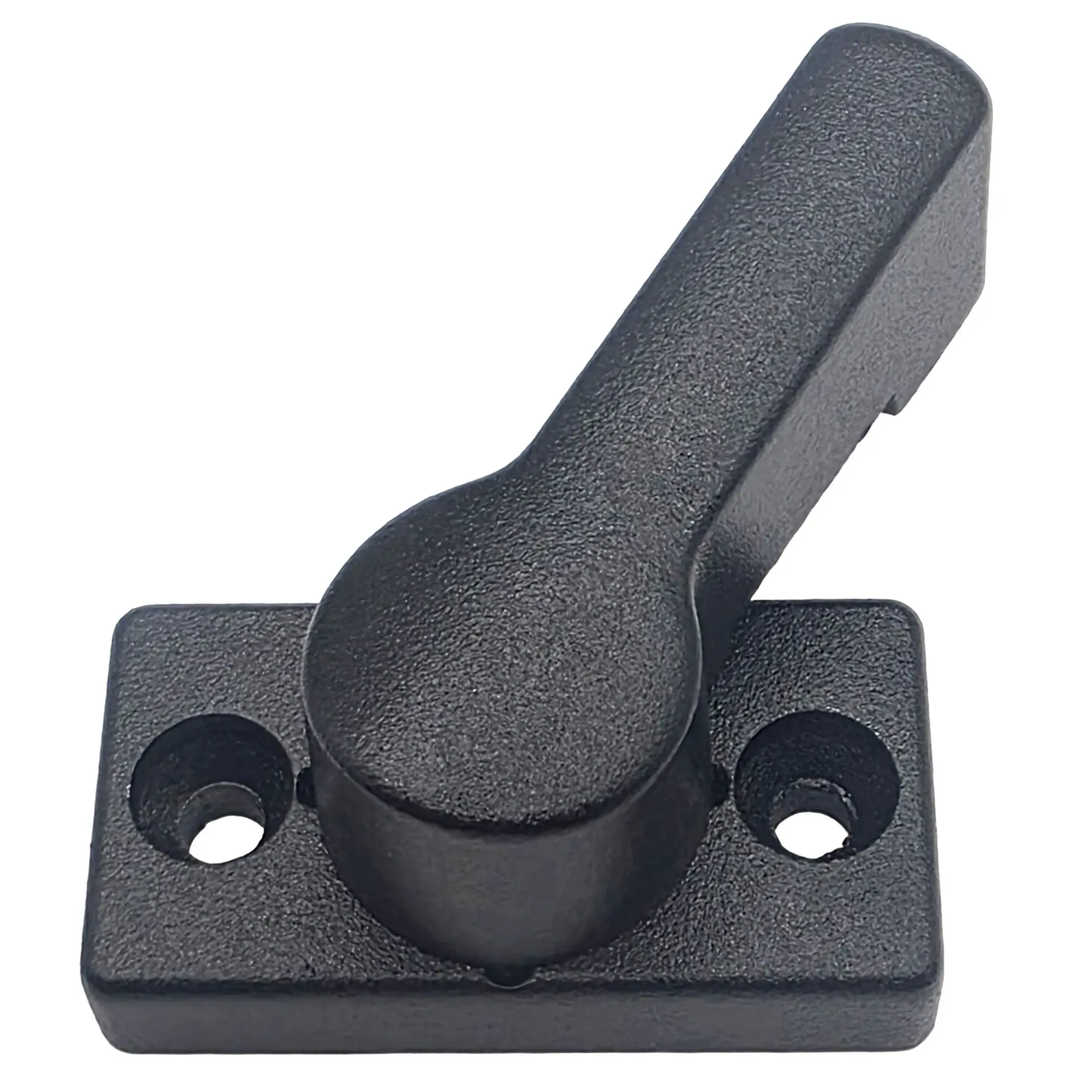 Schwarzer Türverbindungsriegel mit rechteckiger Montageplatte, zwei Befestigungsbohrungen und schwenkbarem Riegelarm, 8 mm
