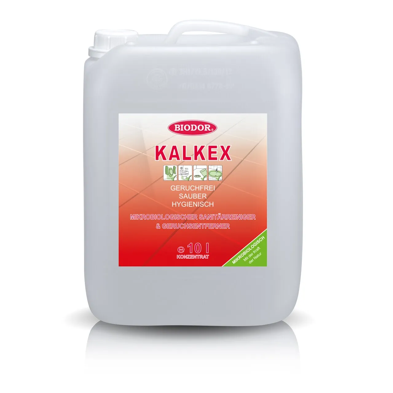 Weißer 10-Liter-Kanister Biodor Kalkex, mikrobiologischer Sanitärreiniger und Geruchsentferner, mit rotem Produktetikett