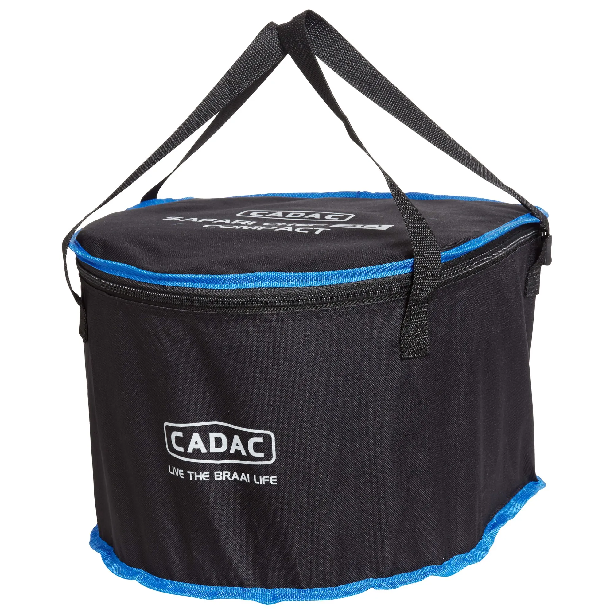 Schwarze Transporttasche mit blauem Rand, Reißverschluss und Tragegriffen für den CADAC Safari Chef 30 Compact Kartuschengrill