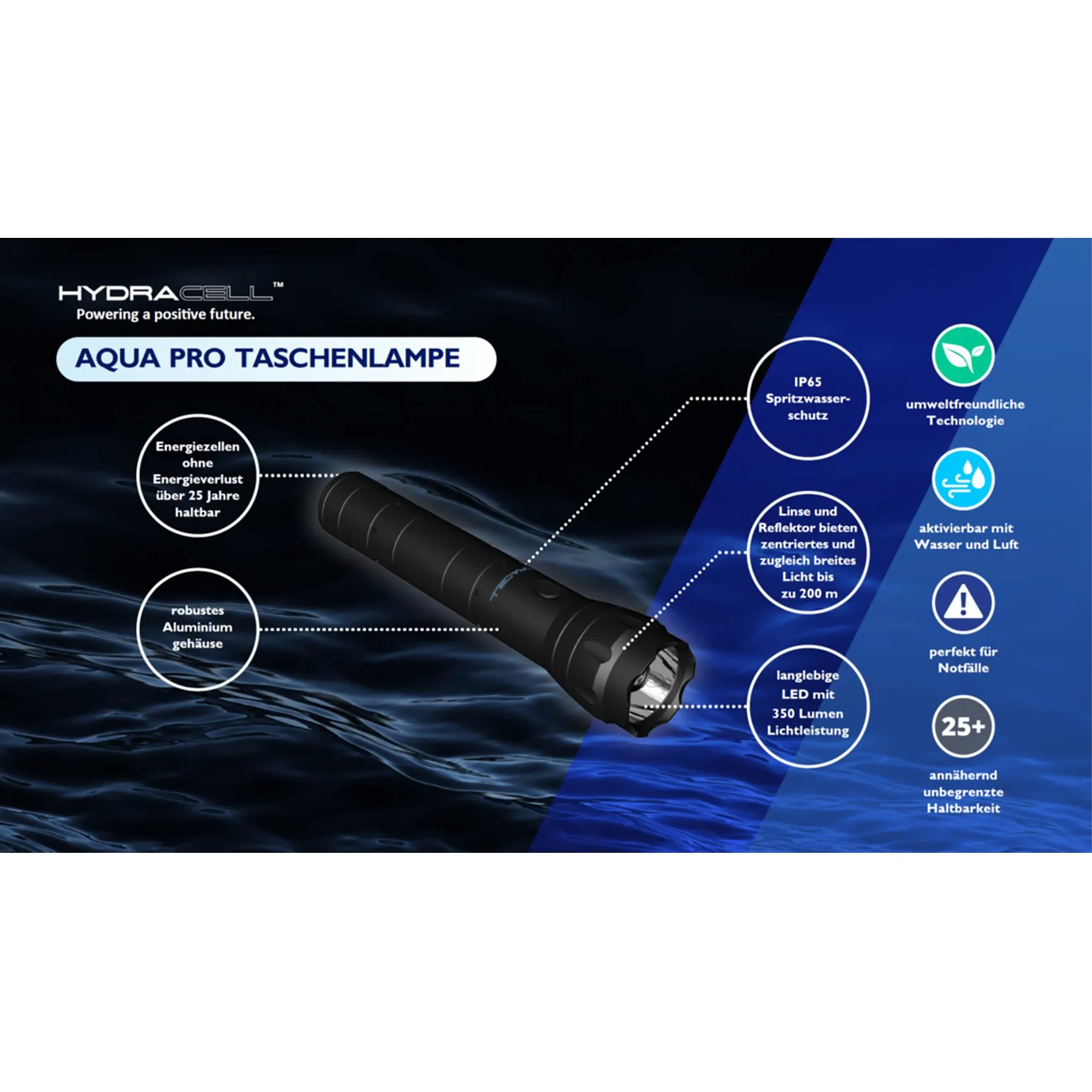 Infografik zur schwarzen Taschenlampe AQUA PRO mit Aluminiumgehäuse, LED, 350 Lumen, IP65-Spritzwasserschutz und 200 m Reichweite