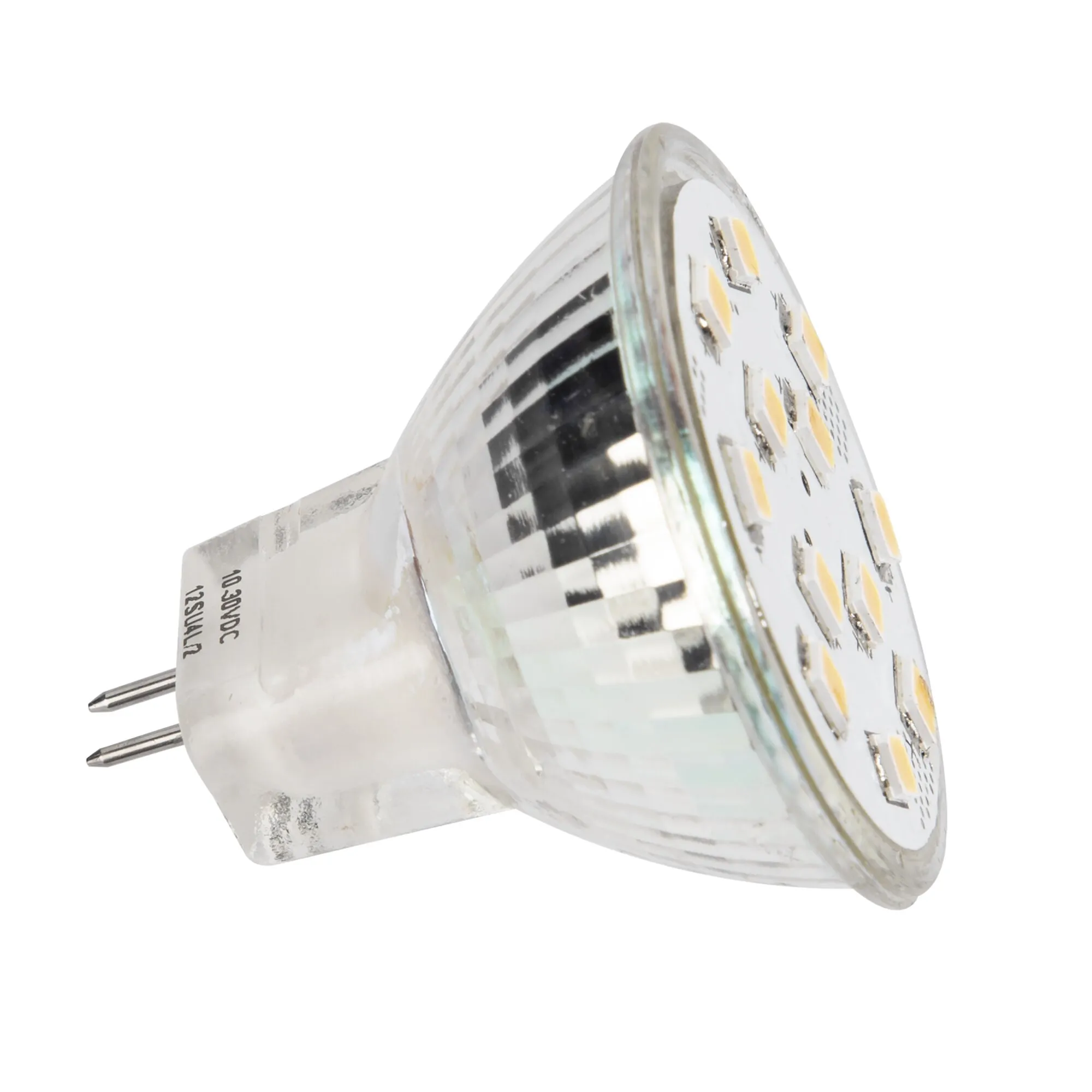 LED-Leuchtmittel GU4 mit 2 W, transparentem Reflektorgehäuse, sichtbaren gelben LED-Chips und zwei Kontaktstiften