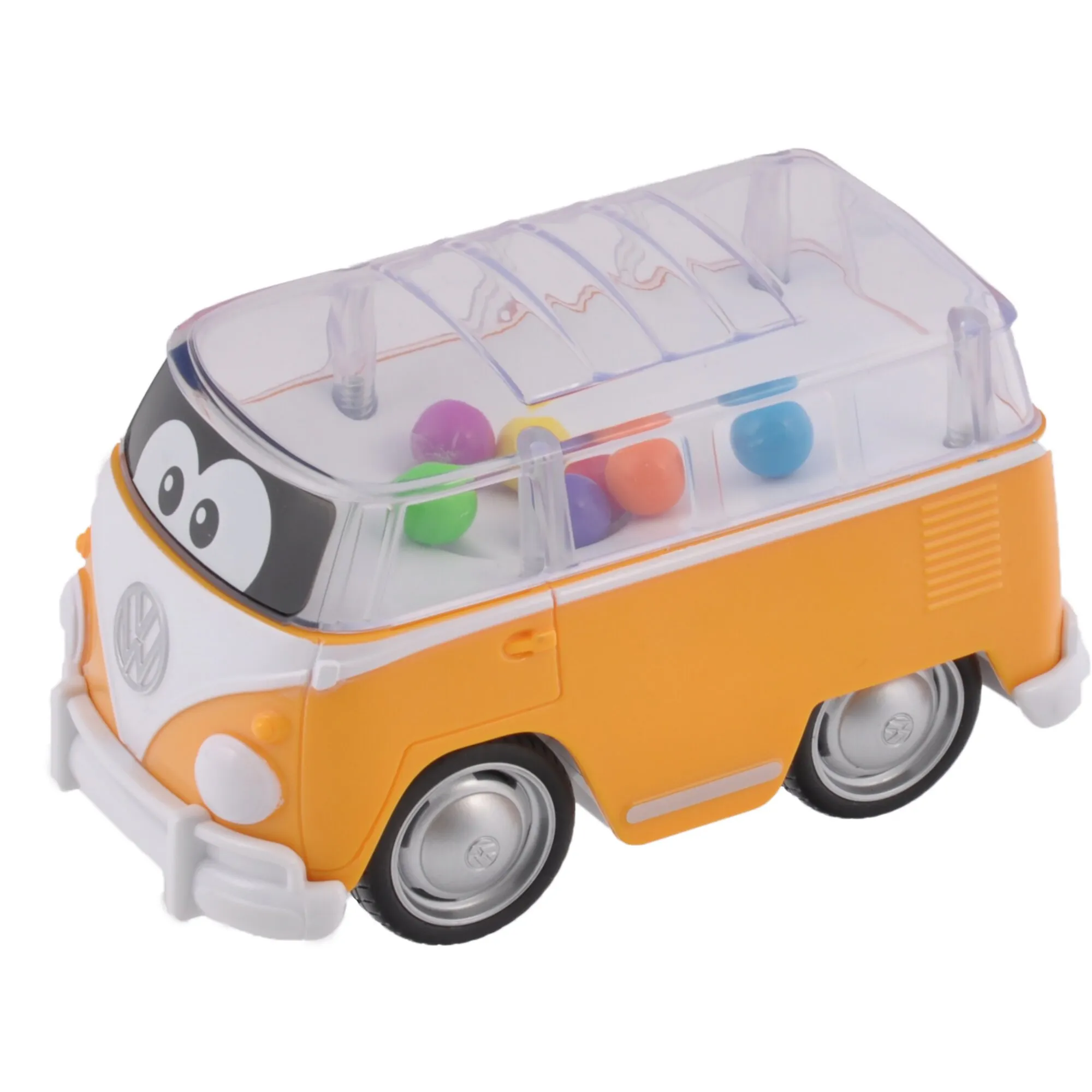 Oranger VW Bus Samba Poppin als Spielzeug mit weißem Dach, bunten Kugeln im transparenten Aufbau und beweglichen Rädern