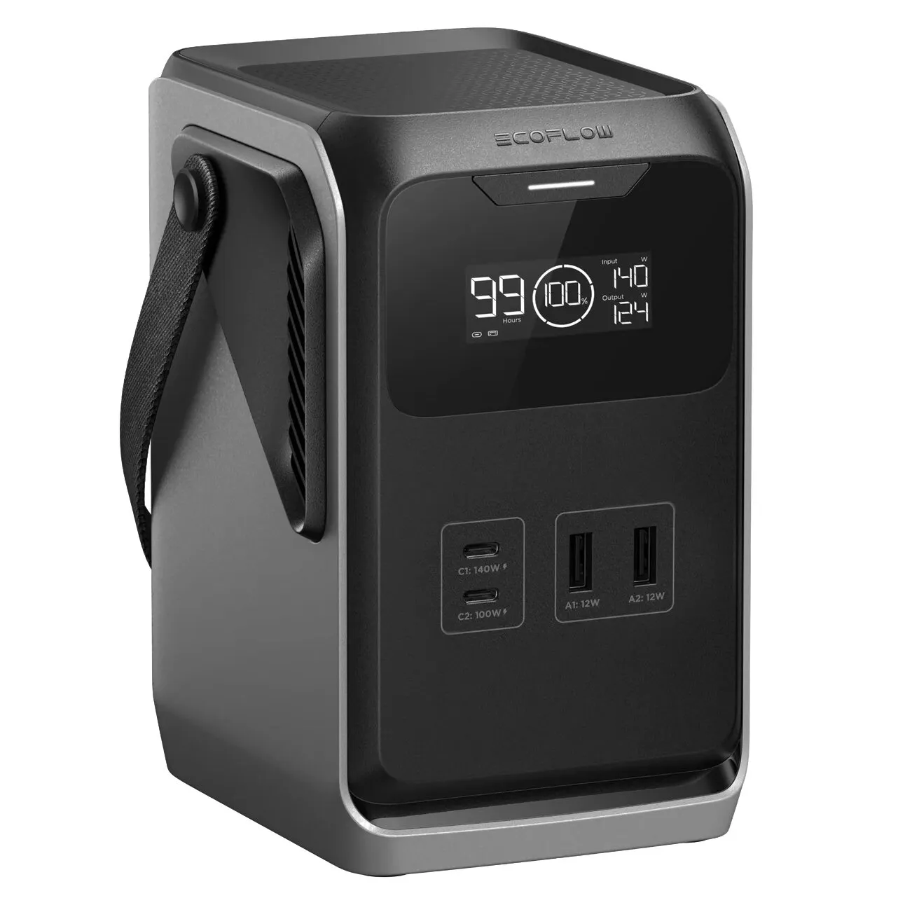 Tragbare Powerstation Trail 200 DC mit Display, zeigt 99 Stunden und 100%, USB‑C Ports (C1 140W, C2 100W) und USB‑A Ports, Tragegurt links
