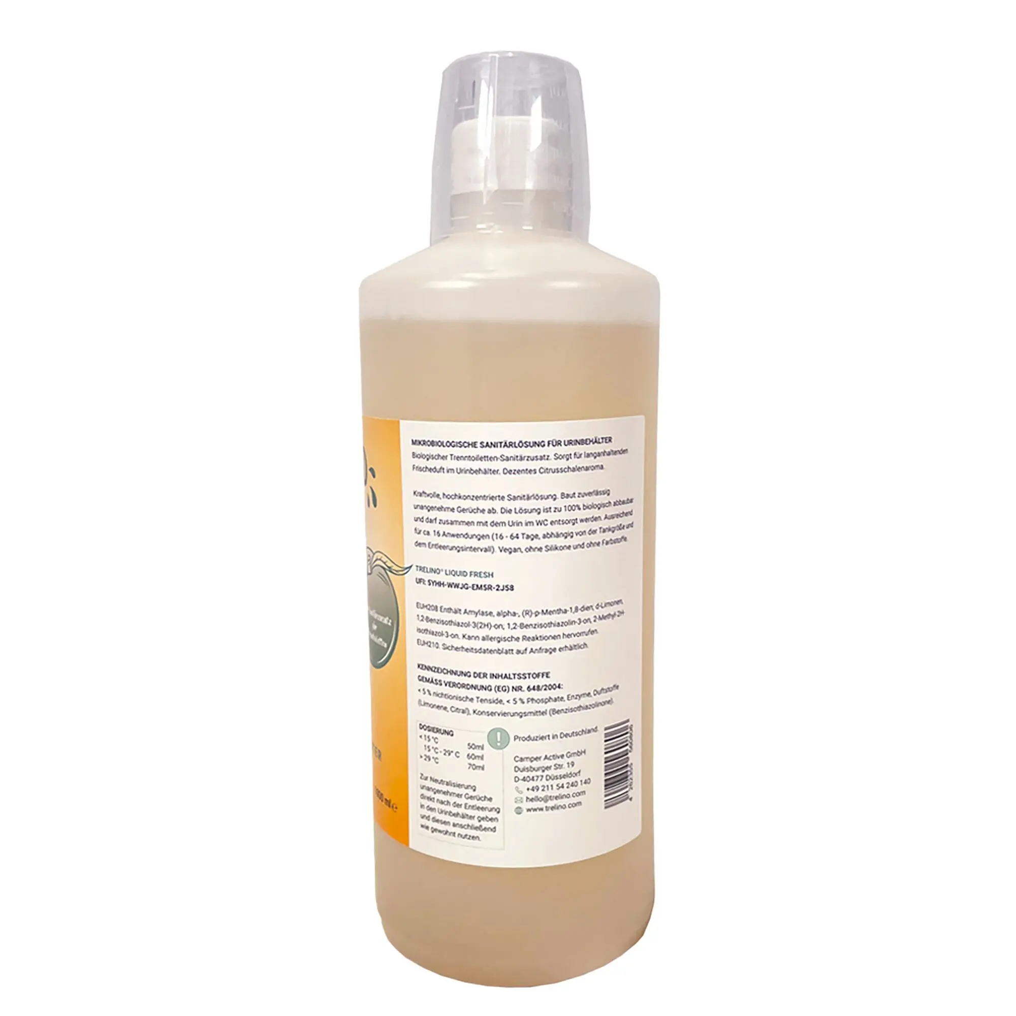 Braune Flasche mit Liquid Fresh Sanitärzusatz, transparenter Verschlussdeckel und lesbarem Etikett mit Produktinformationen