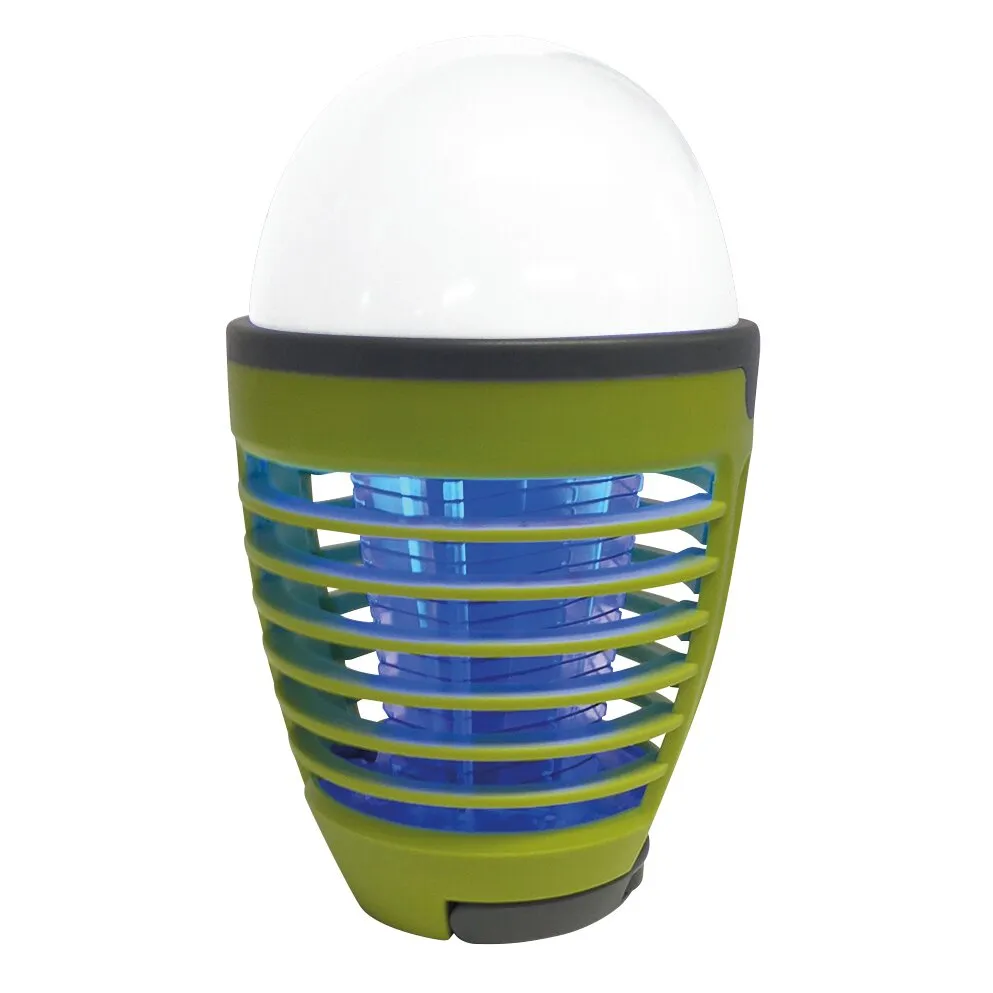 Grün-schwarze UV-Insektenlampe in ovaler Form mit weißer Kuppel, blauem Innenlicht und Schutzgitterarsuaq
