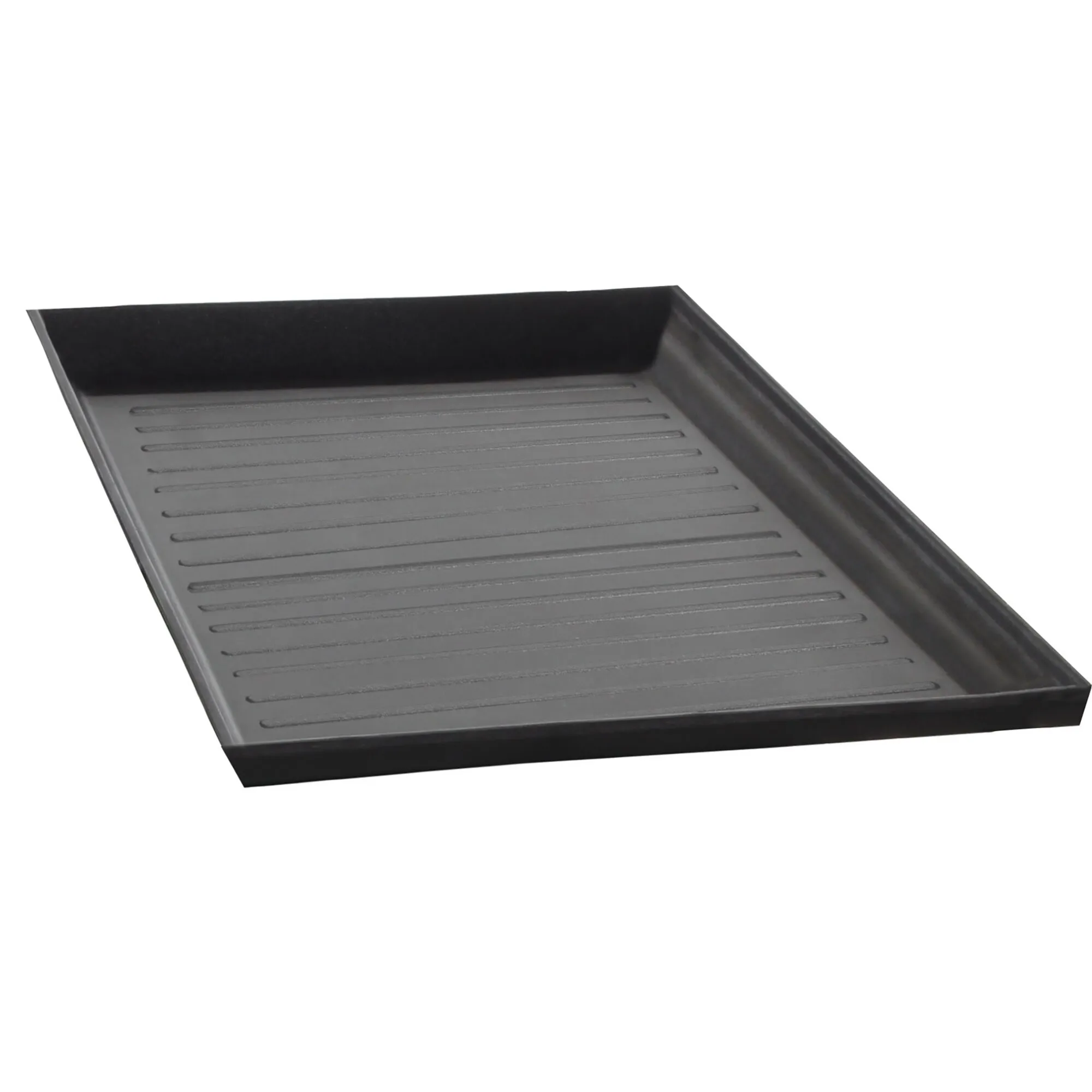 Schwarze rechteckige Grillplatte Devil Plancha mit erhöhtem Rand und geriffelter Grillfläche in schräger Innenansicht