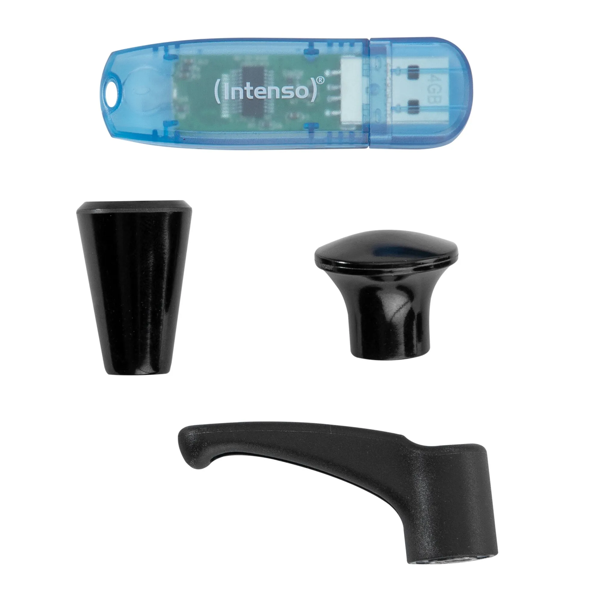 Magnet-Set Basic mit drei schwarzen, unterschiedlich geformten Magnetelementen und einem transparent-blauen USB-Stick mit Intenso-Aufdruck