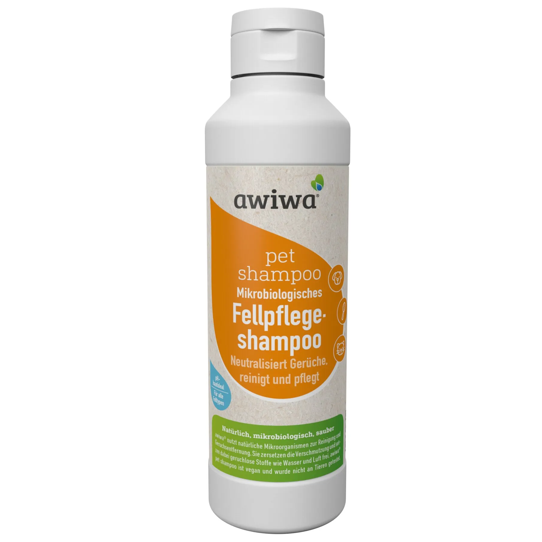 Weiße Flasche mit Klappverschluss von awiwa: mikrobiologisches Pet Shampoo zur Fellpflege, Geruchsneutralisierung sowie Reinigung und Pflege