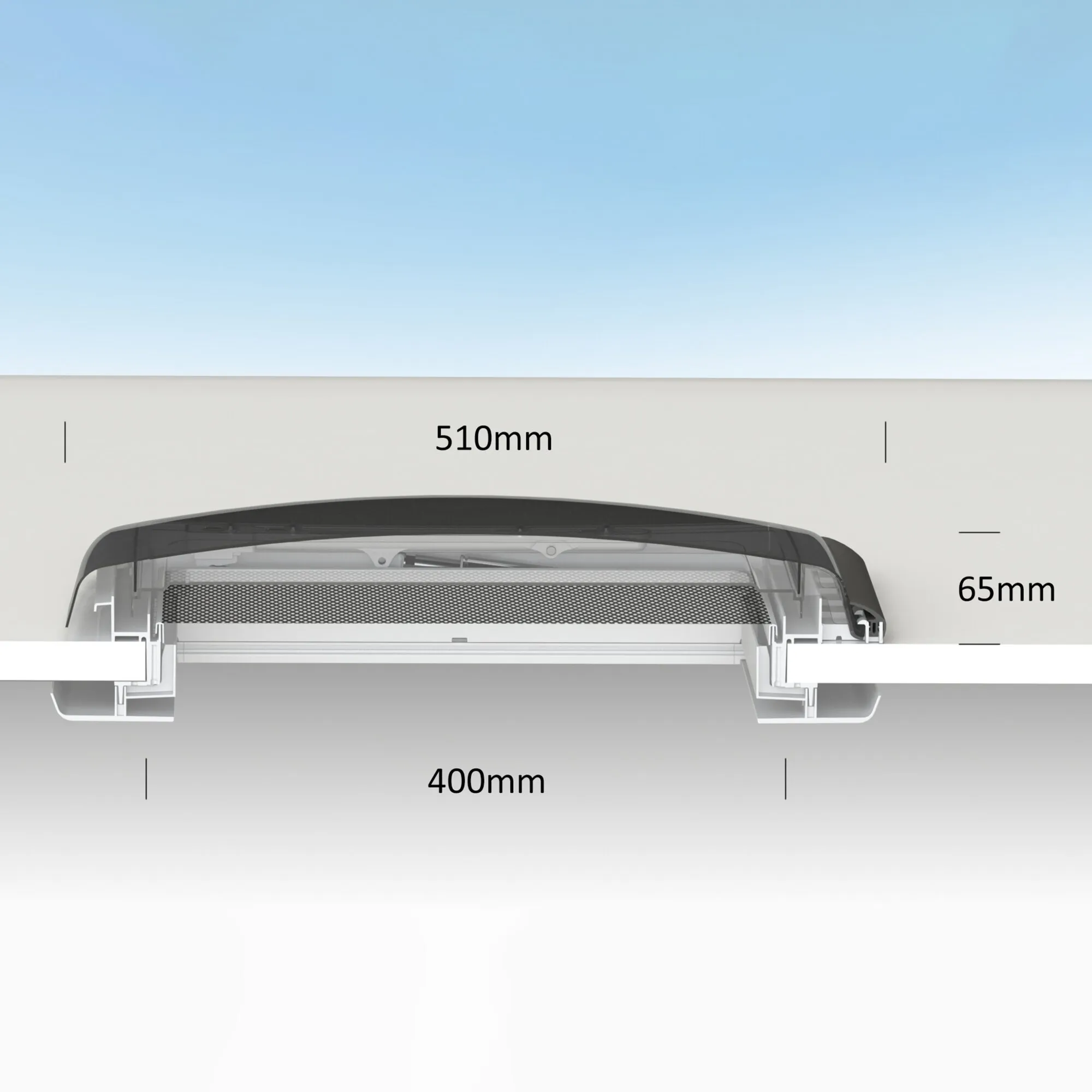 Dachhaube roofSTAR 4 mit Zwangsbelüftung im Querschnitt, Maße 510 × 400 Millimeter und 65 Millimeter Höhe