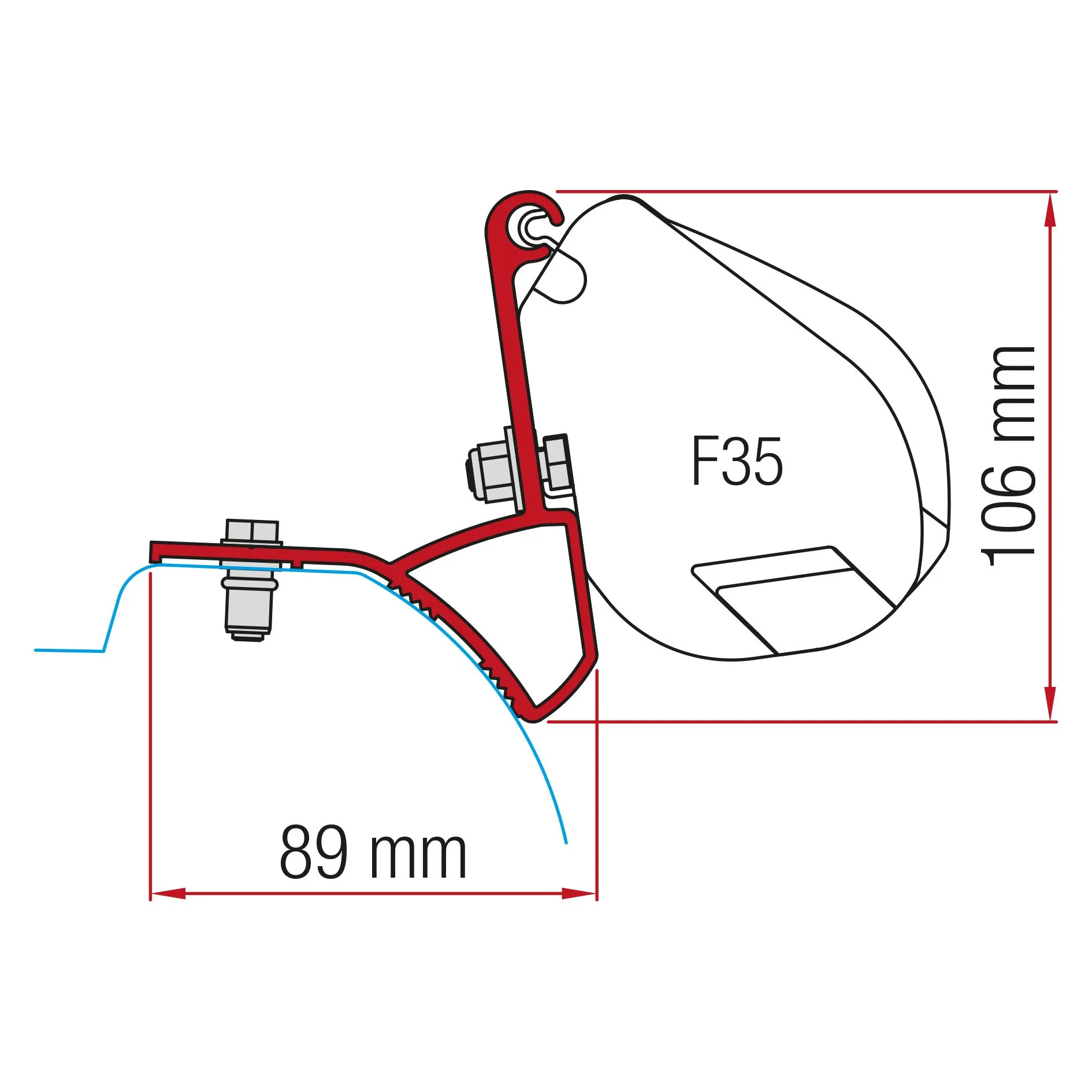 Technische Schnittzeichnung des roten Markisenadapter-Kits für Renault Trafic mit F35-Markise, Maßangaben 89 mm und 1096 mm
