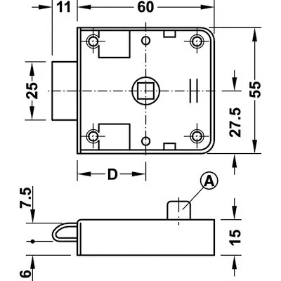 Technische Zeichnung eines Fallenschlosses für Toilettenräume mit Drauf- und Seitenansicht sowie Maßangaben bis 60 × 55 mm