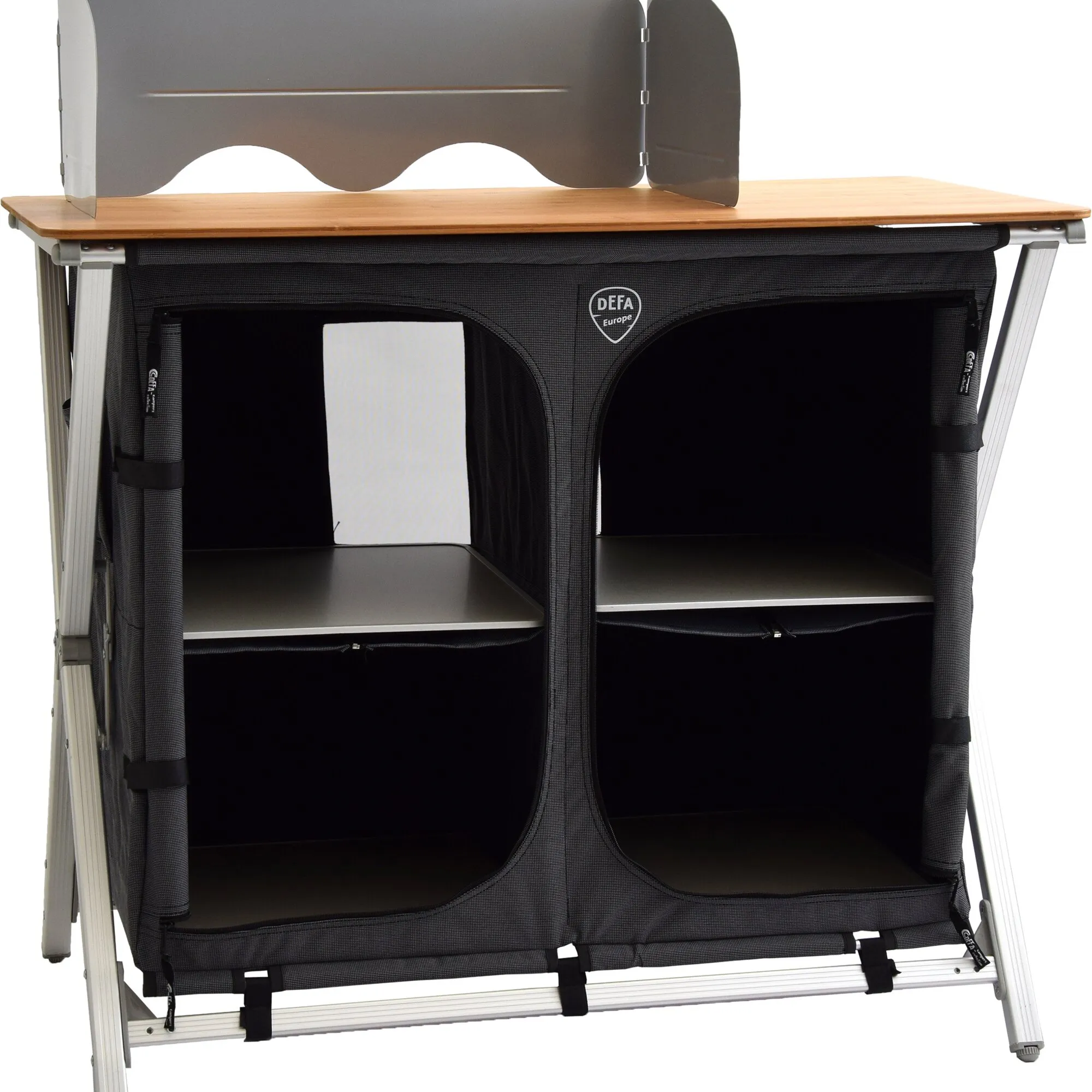Küchenschrank Easy Folding mit schwarzem Stoffkorpus, Aluminiumgestell, Holzarbeitsplatte und vier offenen Fächern