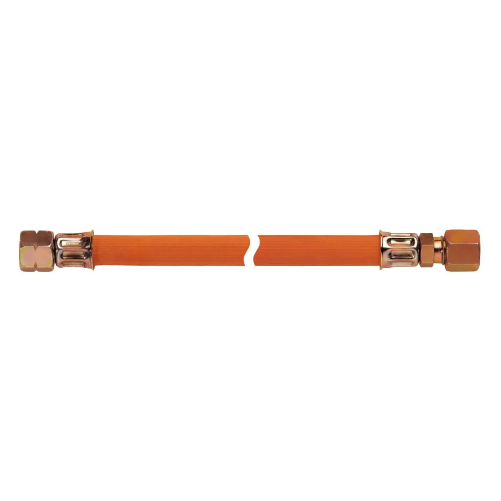 Orange Mitteldruck-Schlauchleitung mit Metallanschlüssen an beiden Enden, seitlich dargestellt, 1500 mm lang, 10 bar, G1/4 LH-ÜM x RVS 8