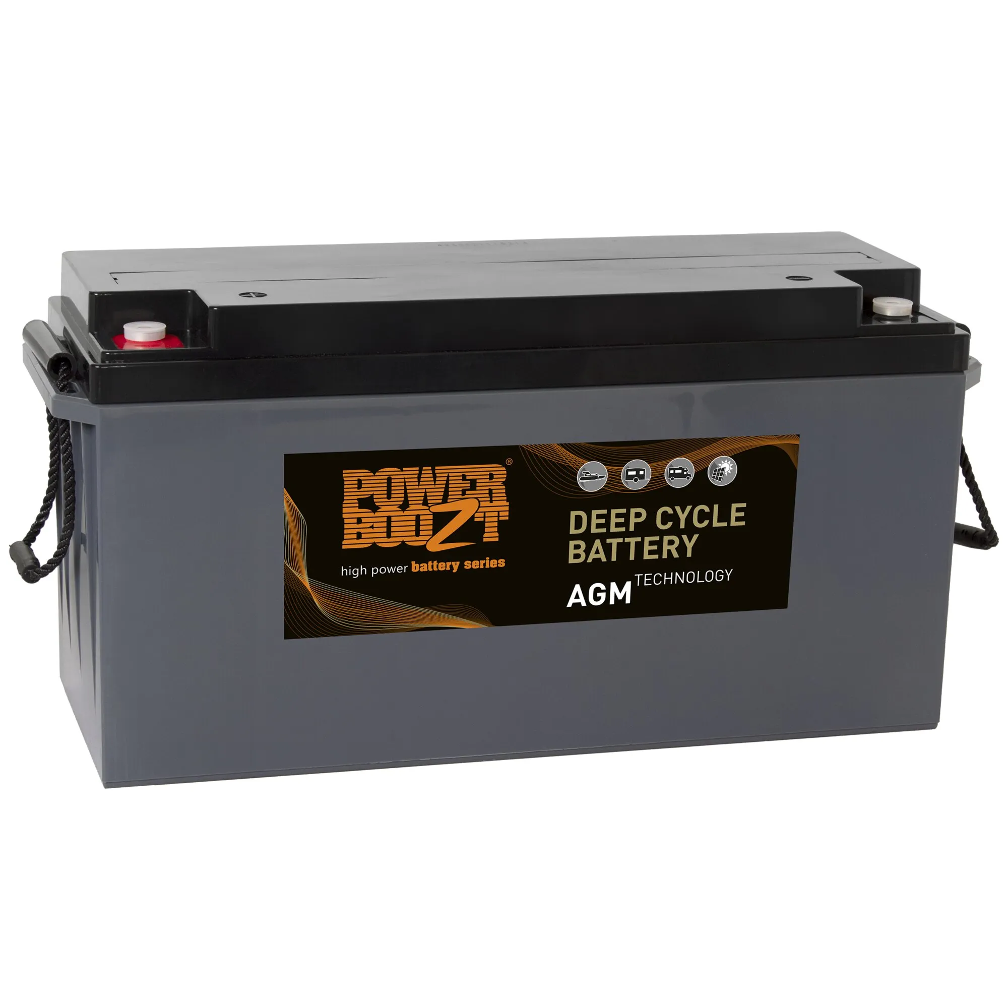 Graue AGM-Deep-Cycle-Batterie mit 150 Ah, schwarzem Deckel, Tragegriffen und sichtbaren Plus- und Minuspolen