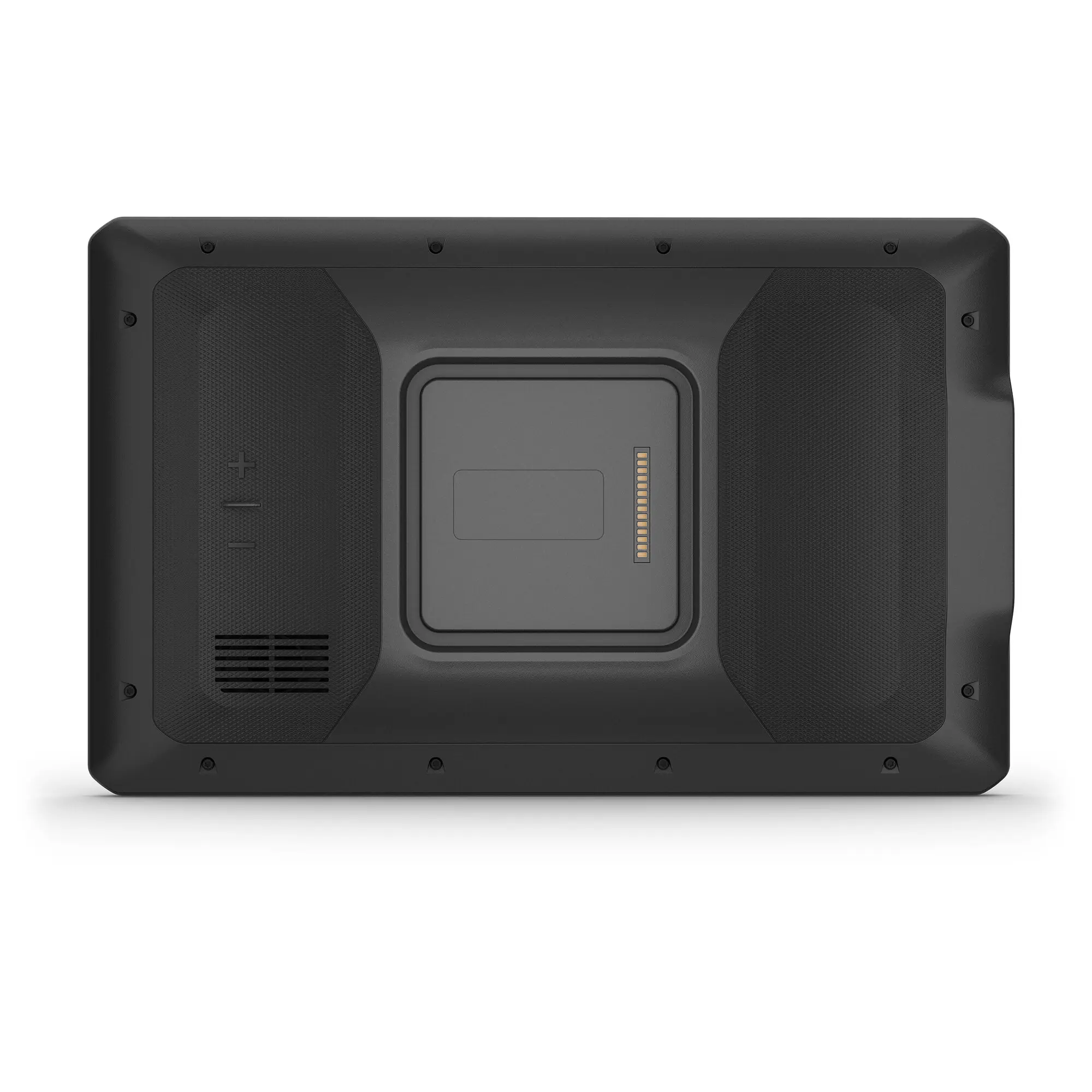 Rückseite des Garmin VIEO RV Bedienteils, 10,1 Zoll, dunkelgraues Gehäuse, Schrauben entlang der Kanten, rechte Kontaktleiste mit Goldkontakten