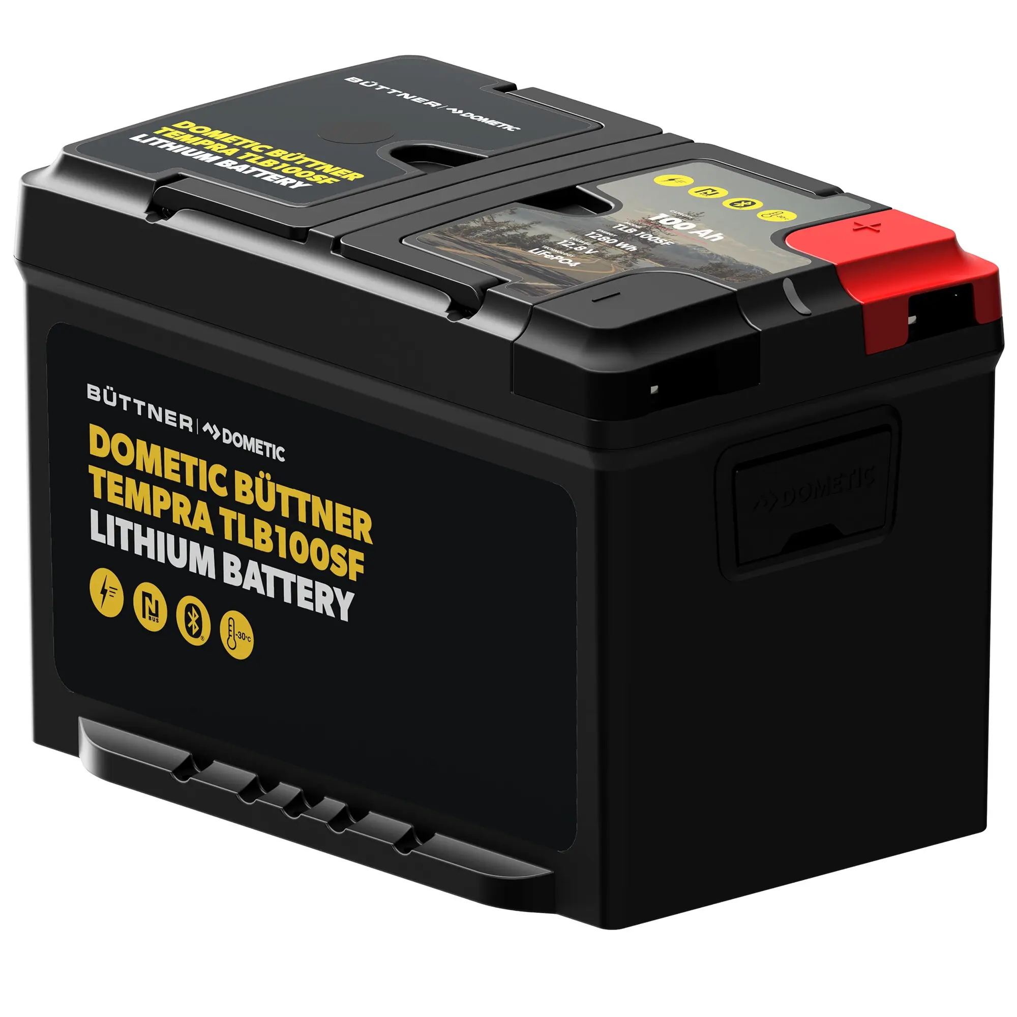 Schwarze Lithium-Batterie mit rotem Pluspoldeckel, seitlich Aufdruck 100 Ah und TLB100SF sowie Büttner/Dometic-Logos und gelbe Symbole