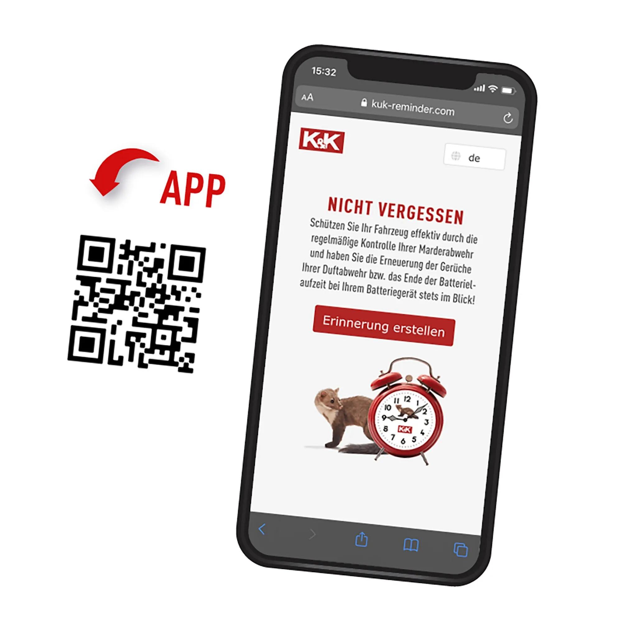 QR-Code und Smartphone mit K&K-Erinnerungs-App zur Kontrolle der Marderabwehr sowie für Geruchs- und Batteriewechsel