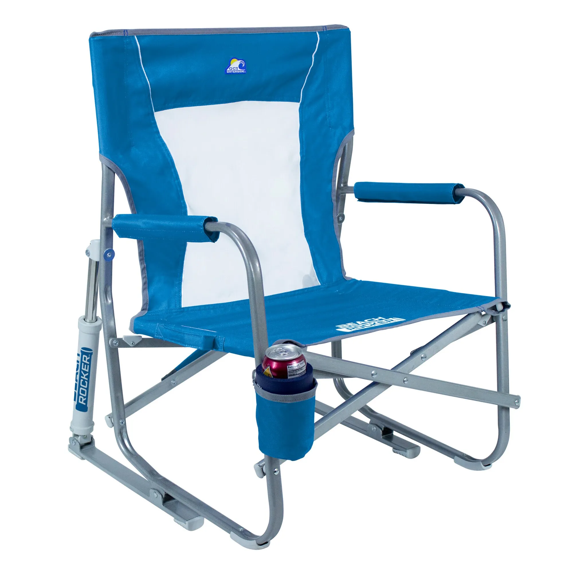 Blauer Camping-Schaukelstuhl Beach Rocker™ mit weißer Sitzfläche, Aluminiumgestell, Armlehnen und Getränkehalter