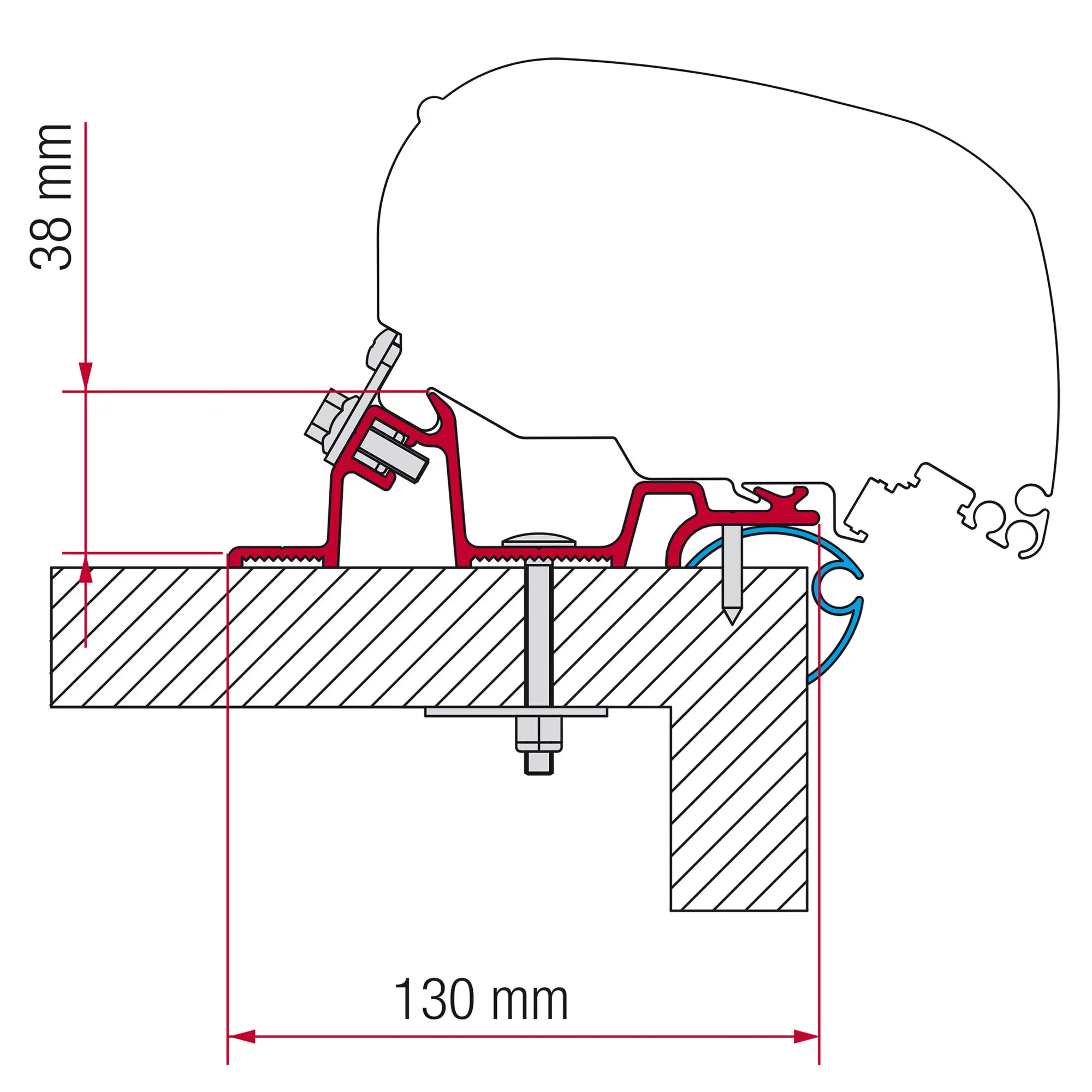 Technische Schnittzeichnung des roten Markisenadapters Caravan Standard mit Befestigung an einer 38 Millimeter hohen und 130 Millimeter breiten Dachkante
