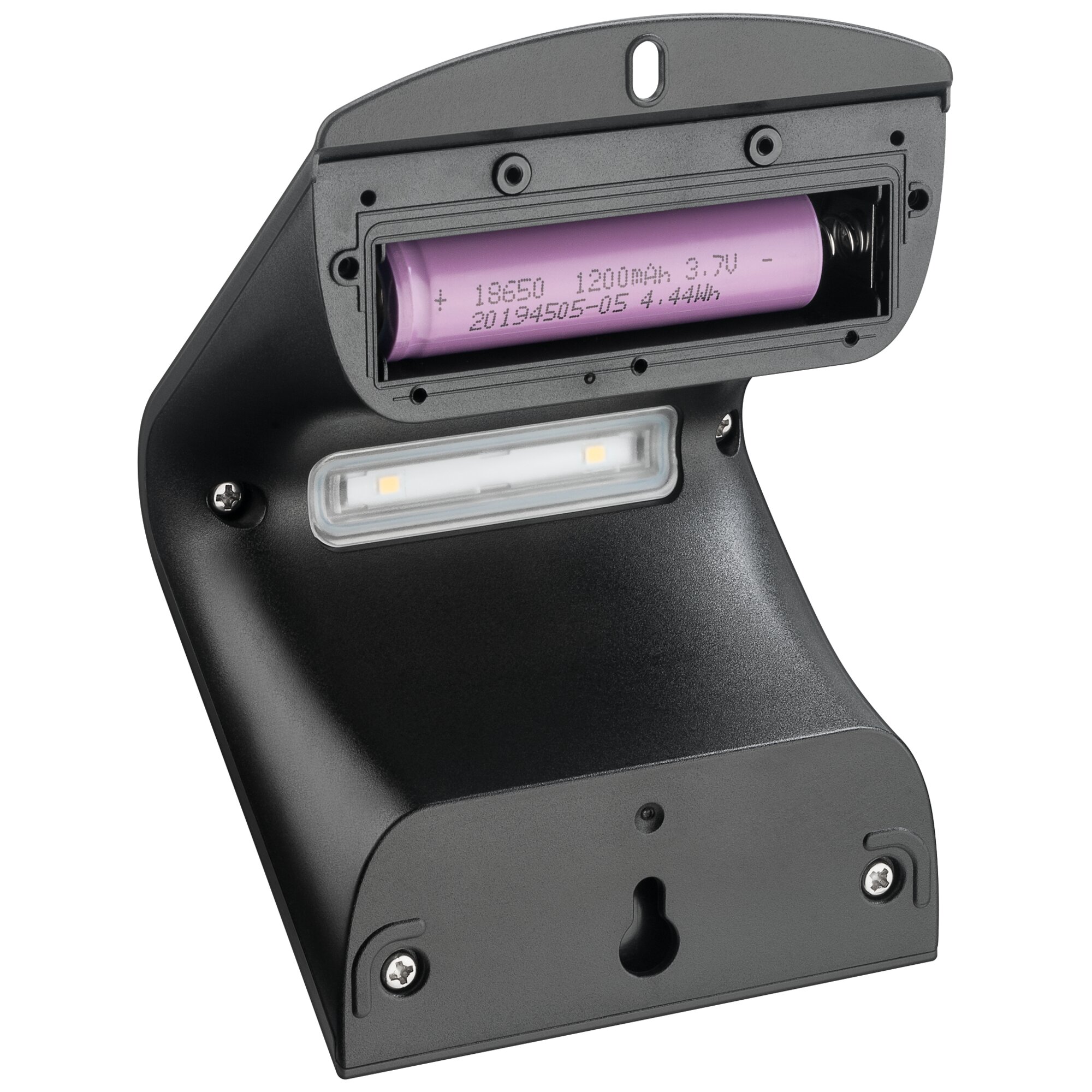 Rückseite einer schwarzen LED-Solar-Wandleuchte mit Bewegungsmelder; sichtbar ist eine pinkfarbene 18650-Batterie im Gehäuse neben dem LED-Diffusor