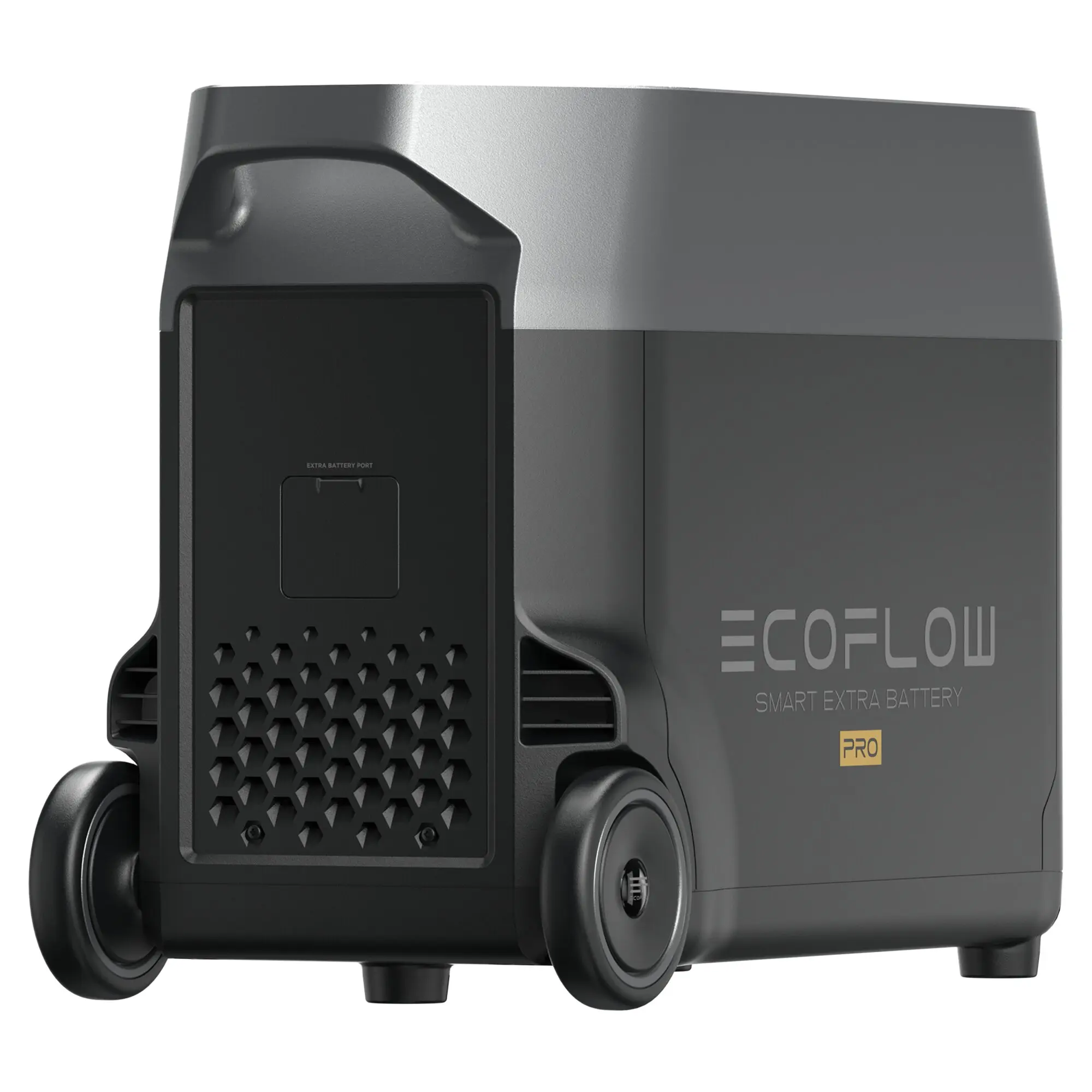Seitenansicht eines dunklen EcoFlow Zusatzakkus mit grauer Oberseite, belüftetem Frontbereich, großen Rädern und dem Text ECOFLOW SMART EXTRA BATTERY PRO