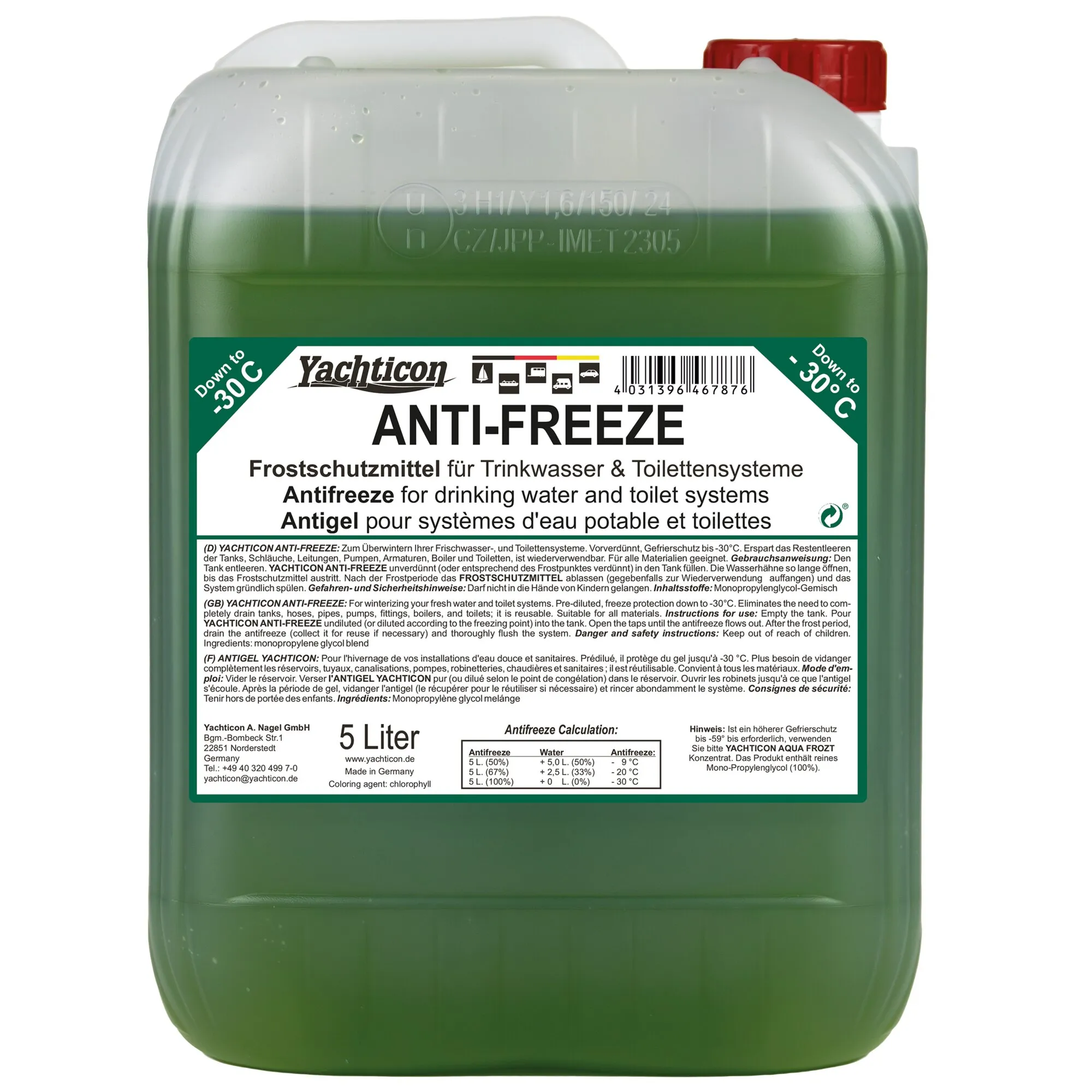 Großer weißer Kunststoffkanister mit rotem Deckel, grün gefärbter Inhalt, Etikett mit Yachticon Anti-Freeze 5 Liter und Hinweis bis -30°C