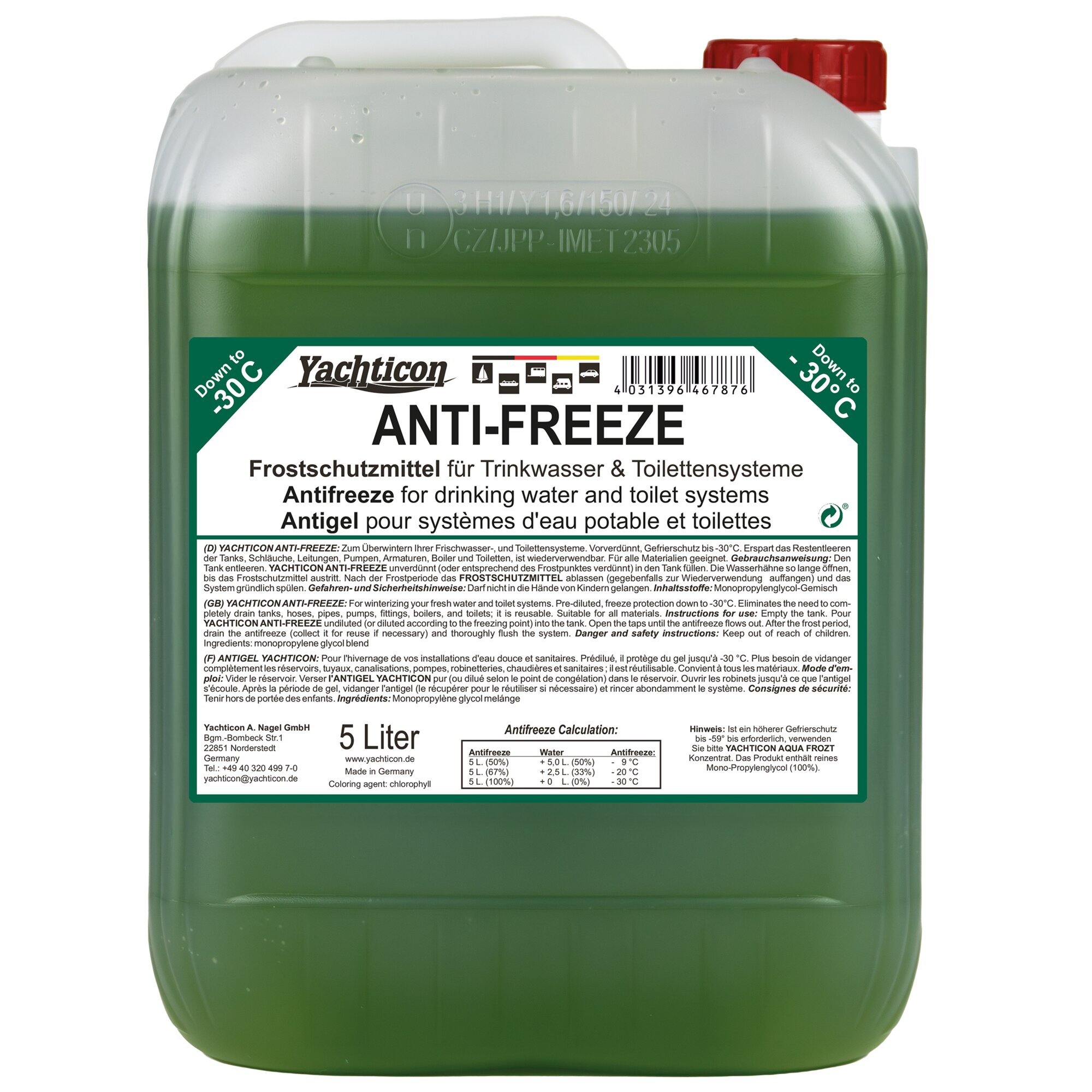Großer weißer Kunststoffkanister mit rotem Deckel, grün gefärbter Inhalt, Etikett mit Yachticon Anti-Freeze 5 Liter und Hinweis bis -30°C