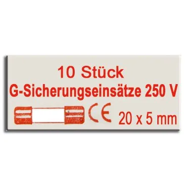 Verpackung mit zehn G-Sicherungseinsätzen als Glasrohrsicherungen, 250 V, Größe 20 x 5 mm, für 10 A