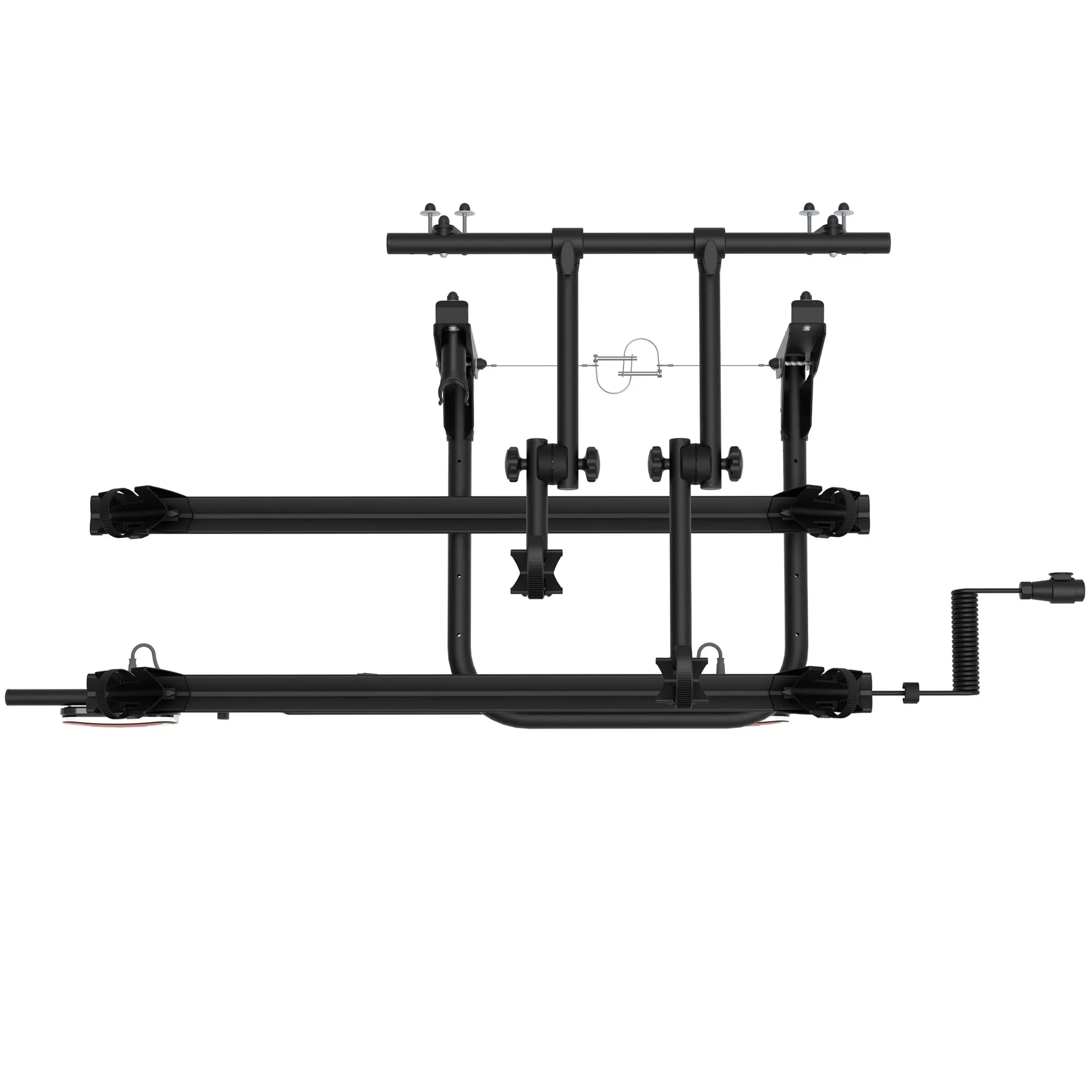 Schwarzes Trägersystem X-Rack Bike mit zwei Fahrradhalterungen, Querstreben, Befestigungsriemen und abnehmbarem Spannhebel freigestellt vor weißem Hintergrund