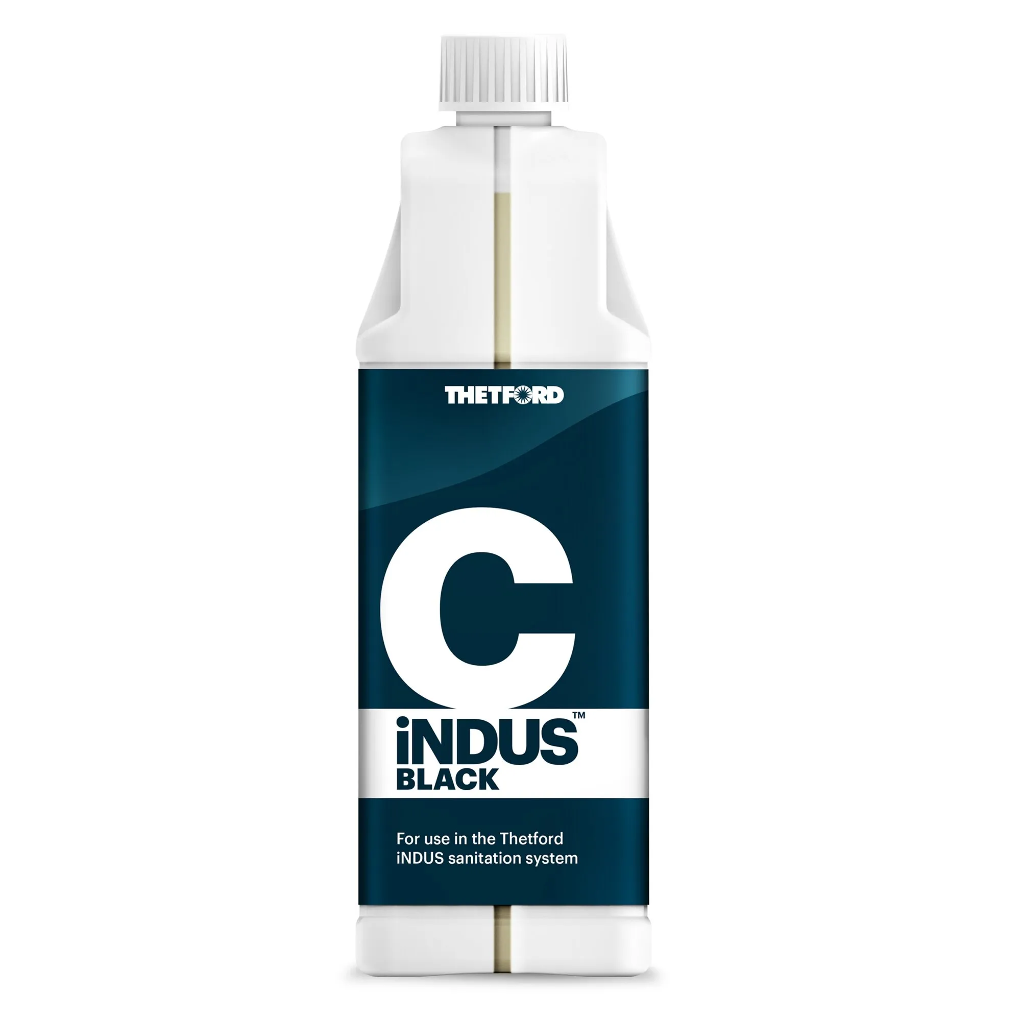 Weiße Flasche mit blauem Etikett von Thetford, Sanitärzusatz iNDUS Black für das Thetford iNDUS-Sanitärsystem
