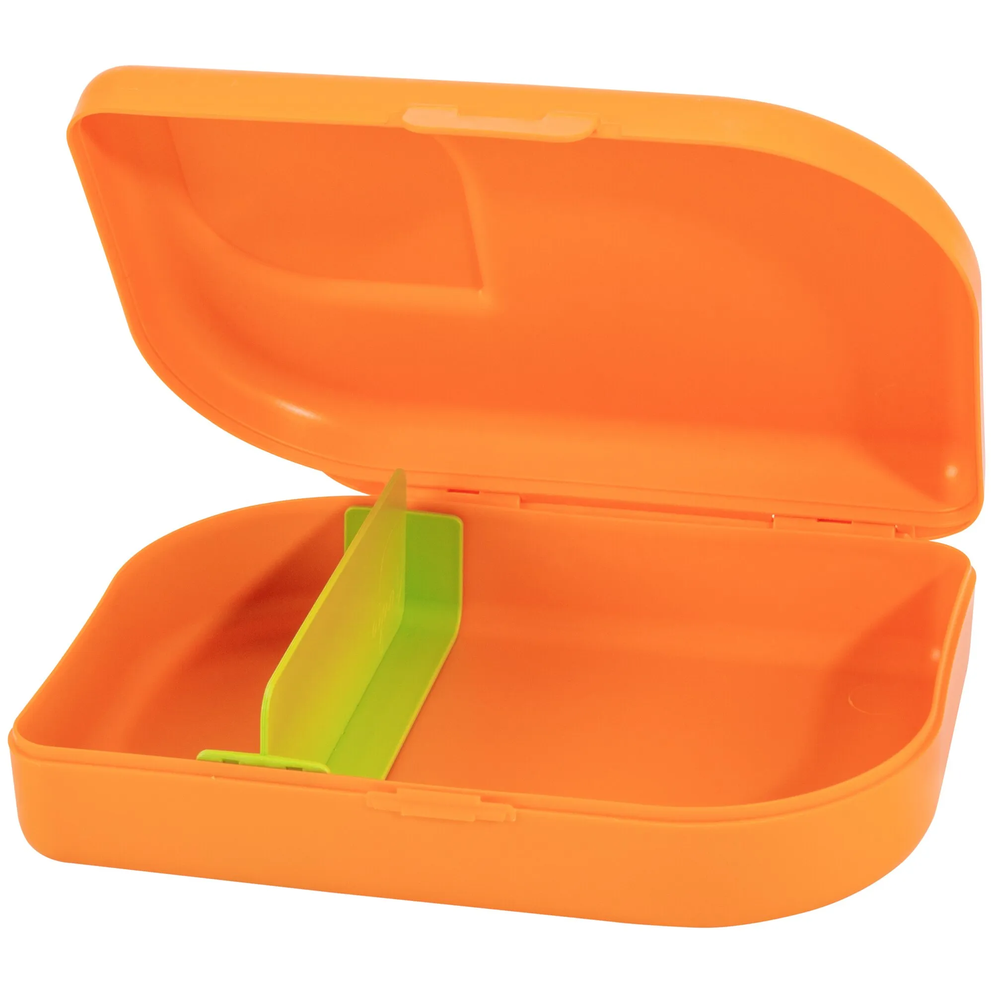 Geöffnete orange Brotbox mit abgerundetem Deckel, Verschlusslasche und grünem herausnehmbarem Trenner im Innenraum