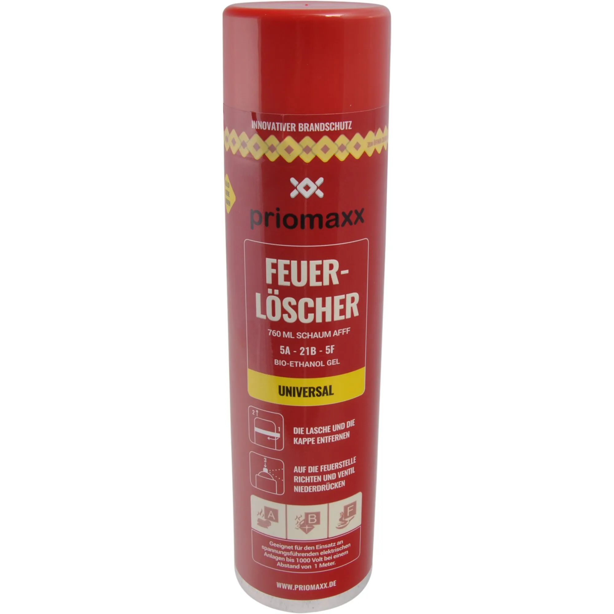 Rotes Feuerlöschspray Priomaxx in zylindrischer Dose mit roter Kappe, 760 ml Schaumlöschmittel und Universal-Kennzeichnung