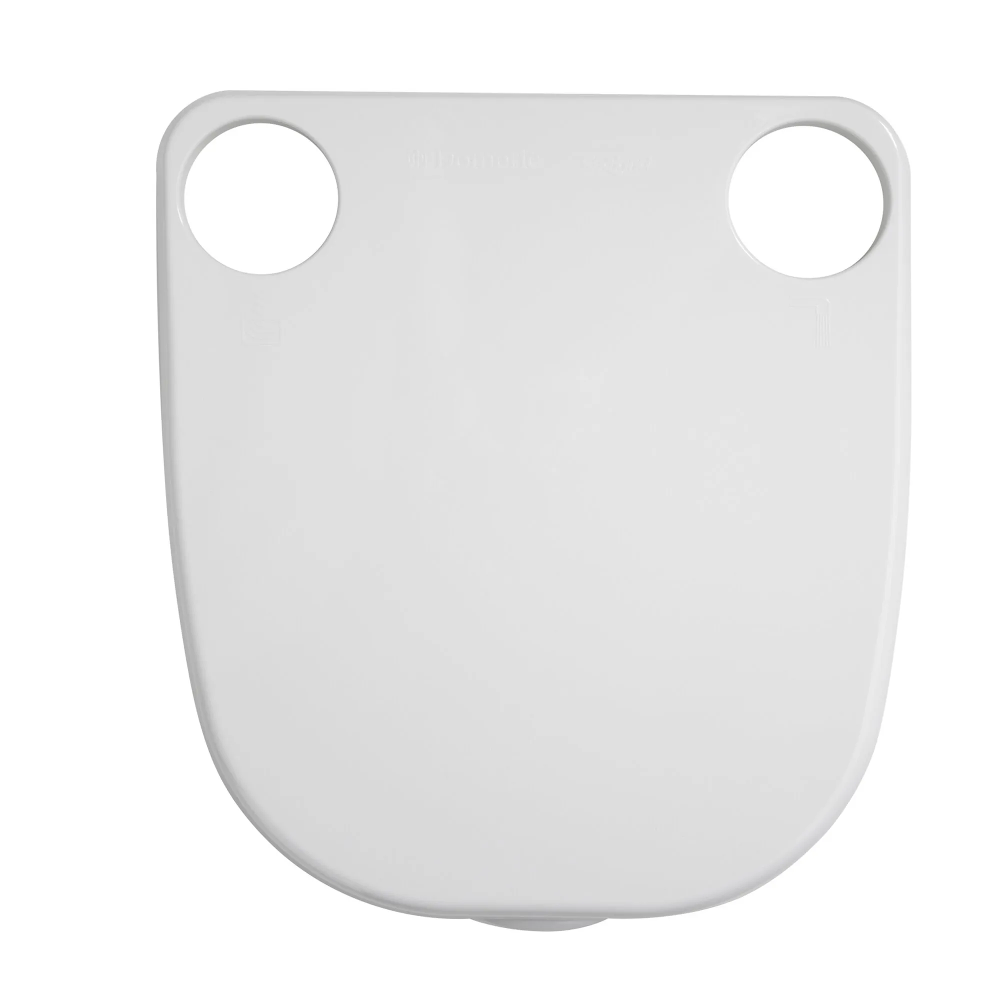 Weißer Toilettendeckel mit Sitz, abgerundeter Form und zwei runden Befestigungsöffnungen, Draufsicht