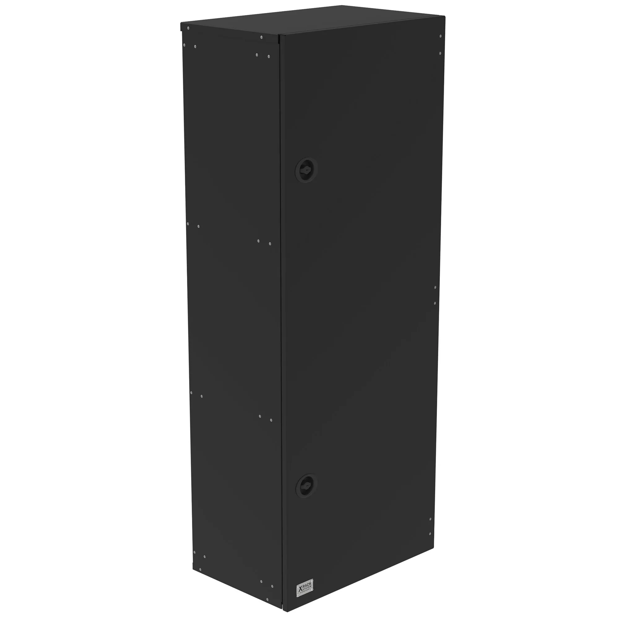 Schwarze Staubox XL für das X-Rack, rechteckig mit zwei Schlössern und sichtbaren Befestigungsschrauben, in perspektivischer Ansicht