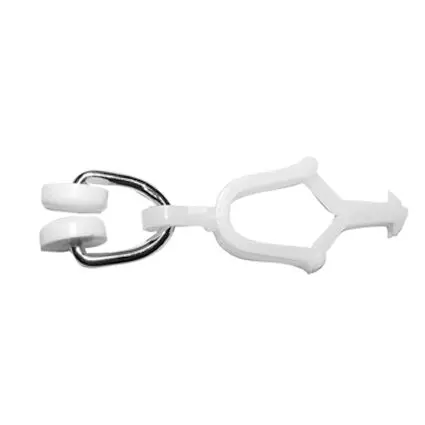 Rollring mit Kunststoffklammer, Metallring mit zwei weißen Rollen links und einem weißen Griffteil rechts sichtbar