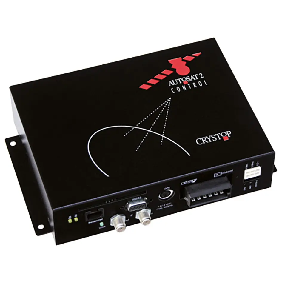 Schwarzes Gehäuse eines Autosat Satsteuergeräts mit Frontanschlüssen, zwei LEDs, USB-Port, runden Koax-Anschlüssen und Steckverbindern AUTOSAT2 CONTROL