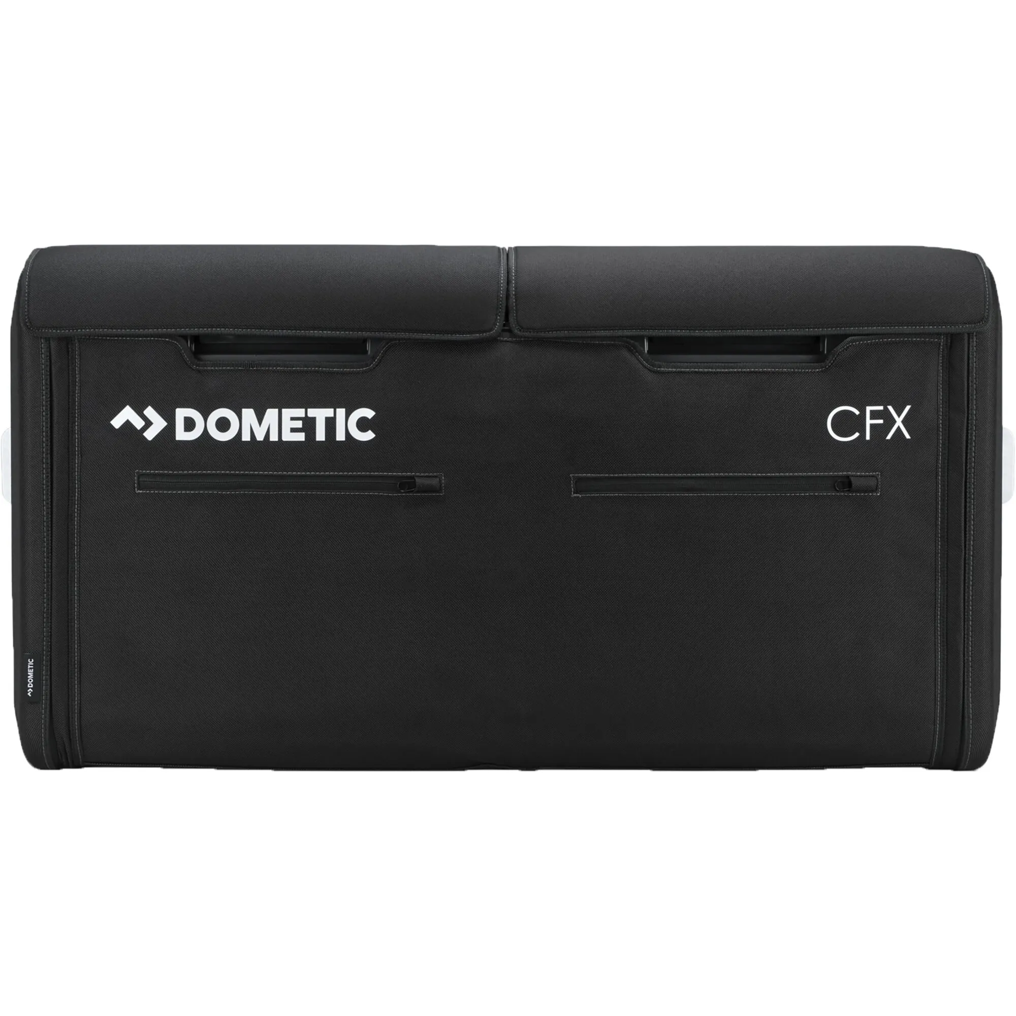 Schwarze Dometic-Schutzhülle für die CFX5 95DZ mit zwei oberen Abdeckungen und zwei Reißverschlusstaschen vorne