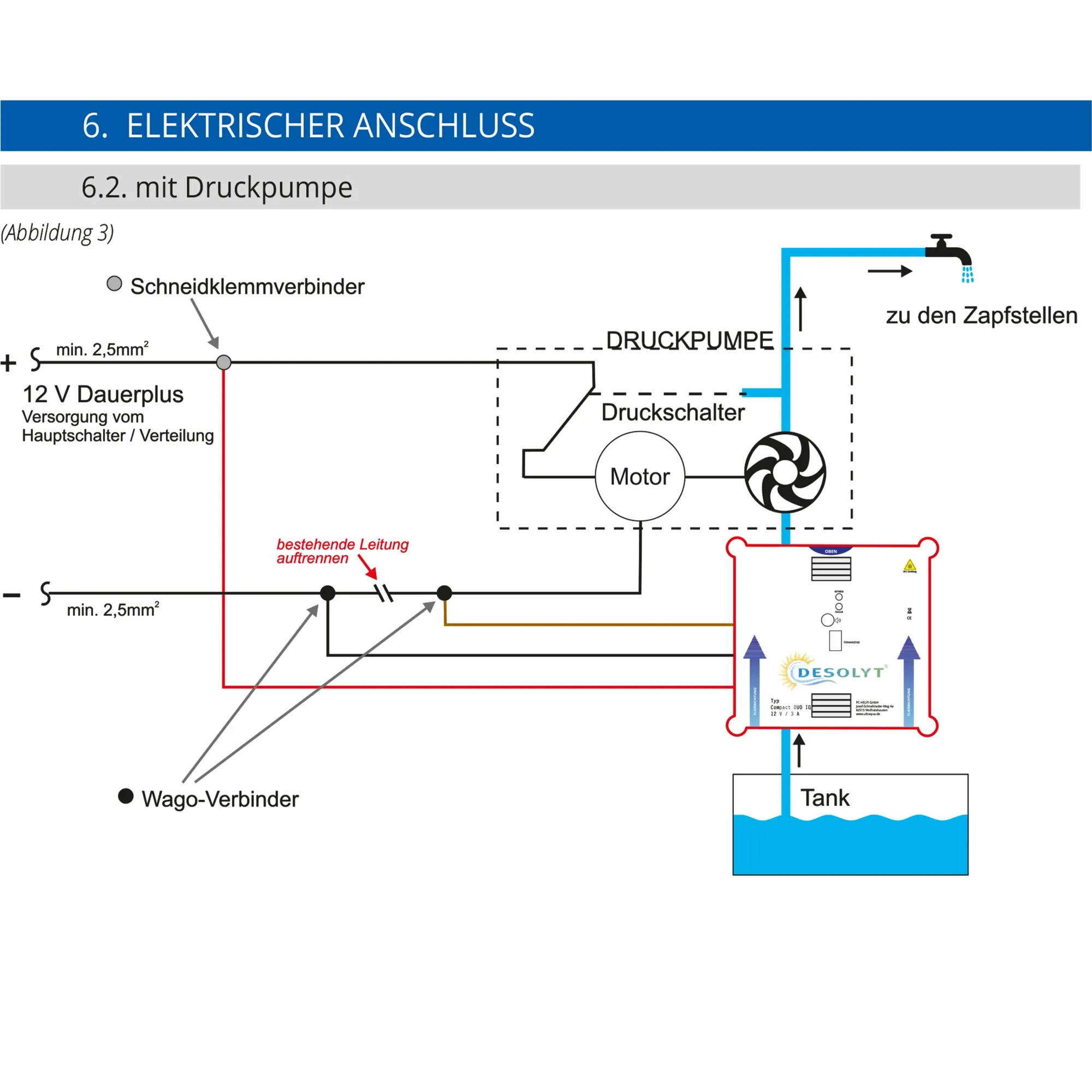 Schaltplan zum elektrischen Anschluss der Desolyt Compact DUO IQ Wasserdesinfektion mit Druckpumpe, 12-Volt-Versorgung, Tank und Zapfstellen