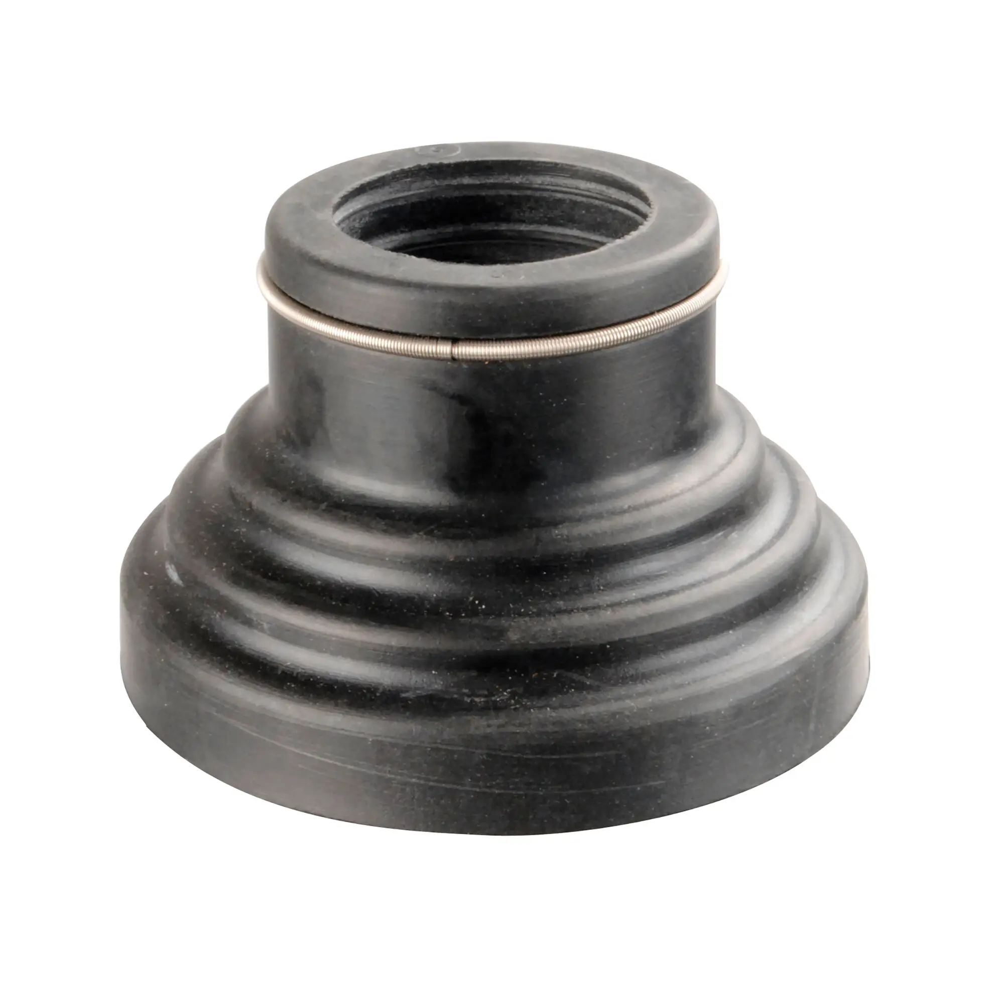 Detailaufnahme einer schwarzen Gummimanschette mit innerem Ring und umlaufender Metallspannklemme um die obere Öffnung, sichtbare Rippenstruktur