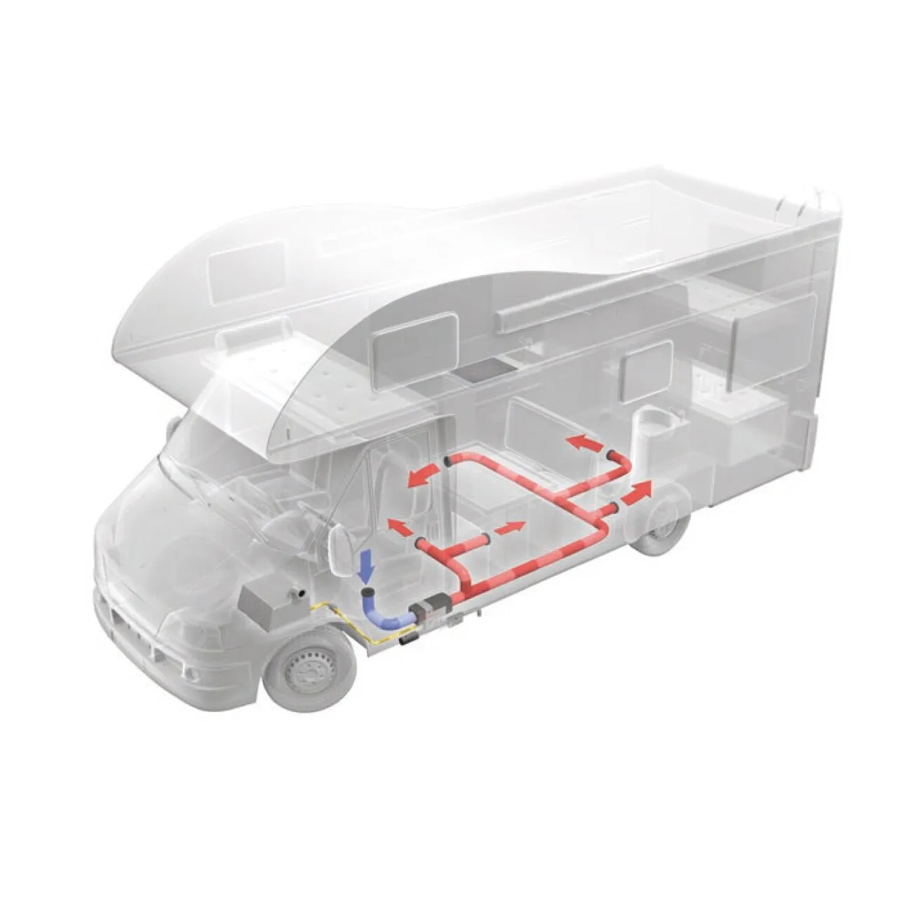 Transparente Schnittdarstellung eines Wohnmobils mit roten Luftkanälen und blauen Leitungen der Luftheizung Air Top 2000 STC