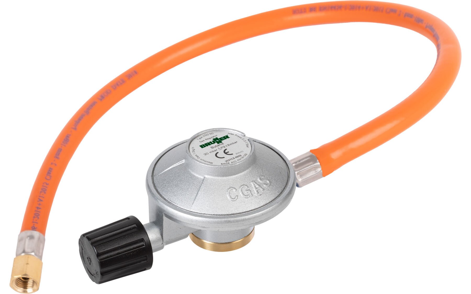 Gasregler aus Metall mit orangenem Schlauch, seitliche Messing-Verbindung, schwarzer Griff, CGAS-Prägung am Gehäuse
