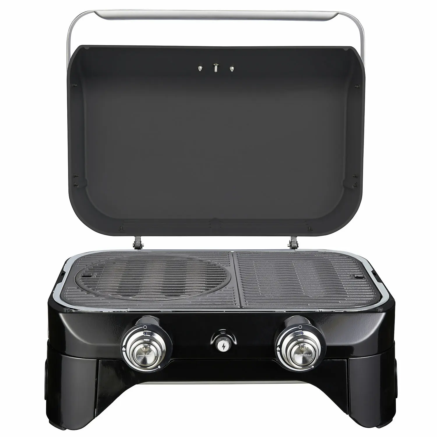 Offener Tischgrill Attitude 2100 LX mit schwarzem Gehäuse, Edelstahlgriff, Innenraum mit Grillrost, zwei runde Bedienelemente vorne