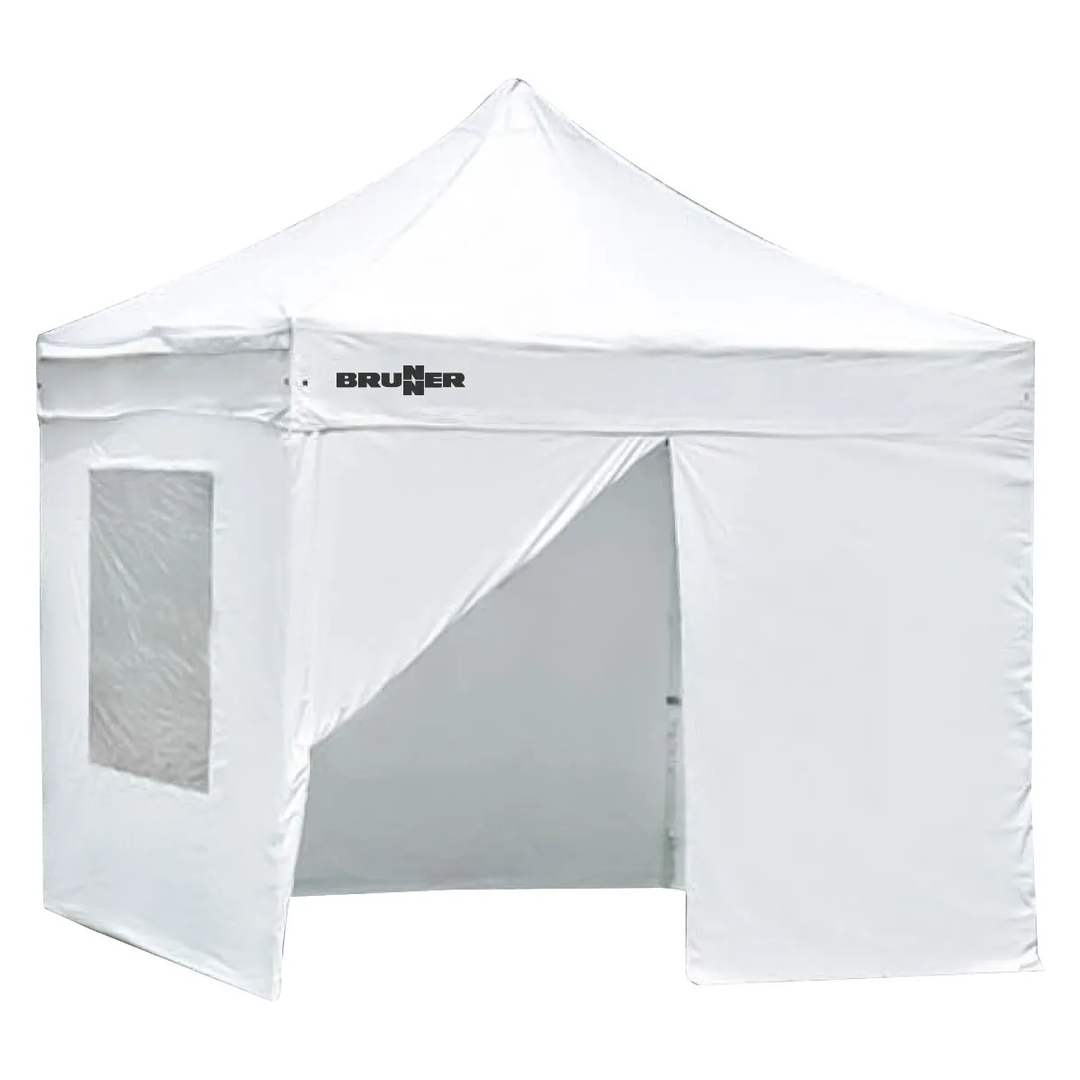 Weißer Faltpavillon Zebò Enjoy 2 von Brunner mit Spitzdach, seitlichem Fenster und geöffneter Frontpartie