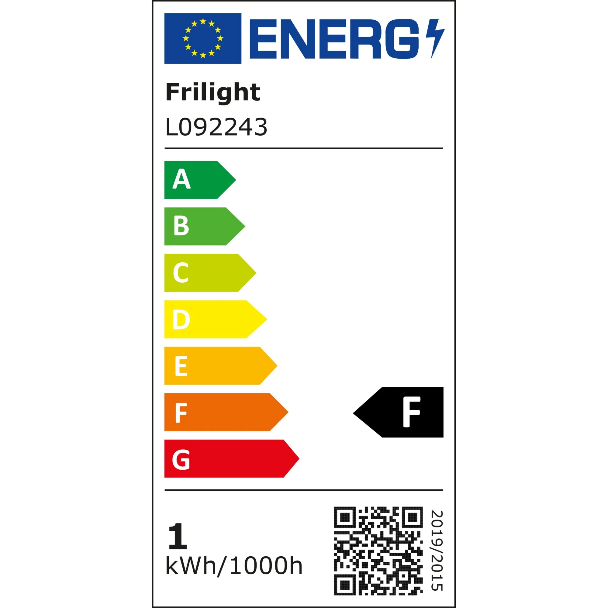 EU-Energieeffizienzlabel für die Leuchte Soft mit Schalter von Frilight, Modell L092243, Effizienzklasse F und 1 kWh/1000 h