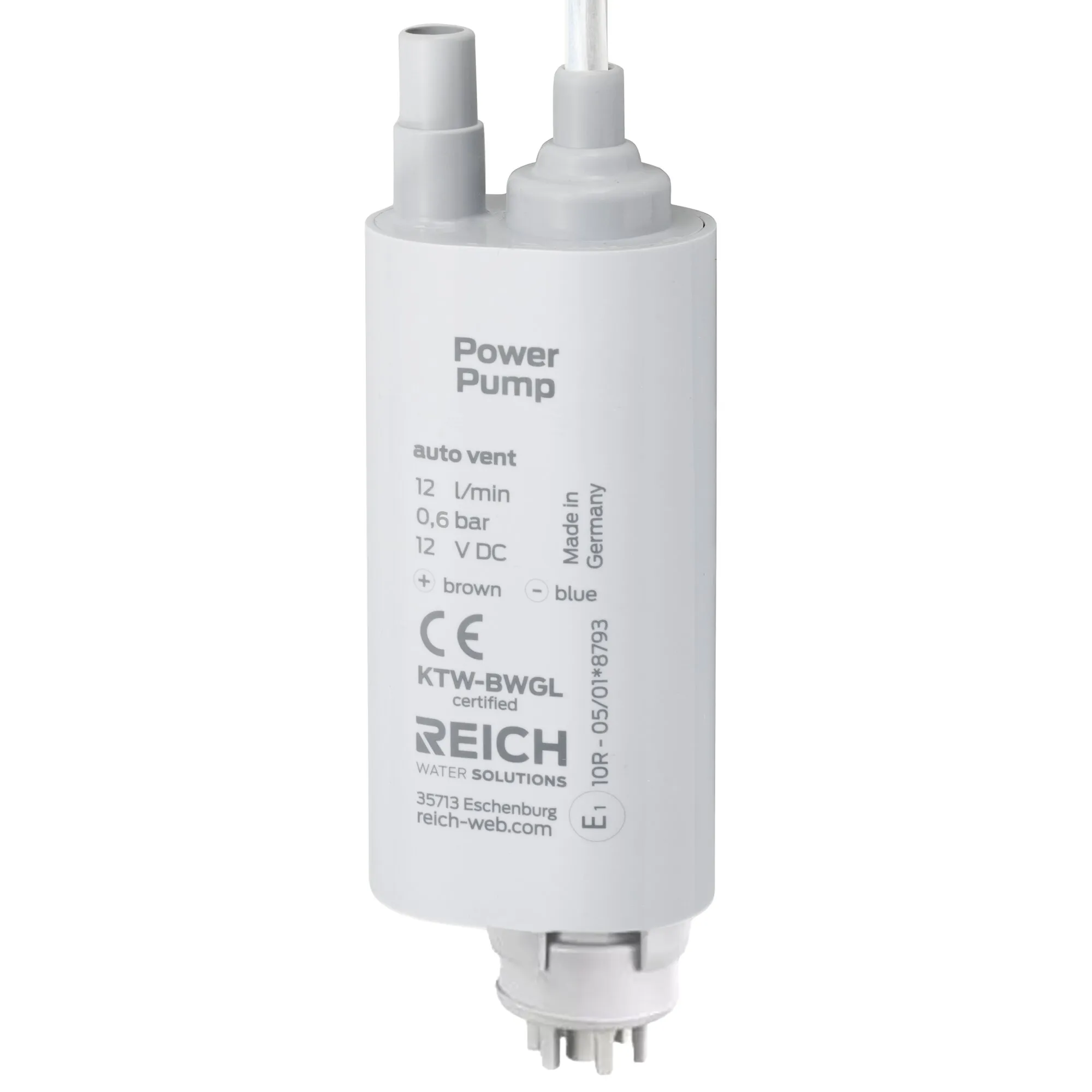 Weiße Tauchpumpe Power Pump von Reich mit Rückschlagventil, zwei oberen Anschlüssen und sichtbarer Kennzeichnung 12 l/min, 0,6 bar, 12 V DC