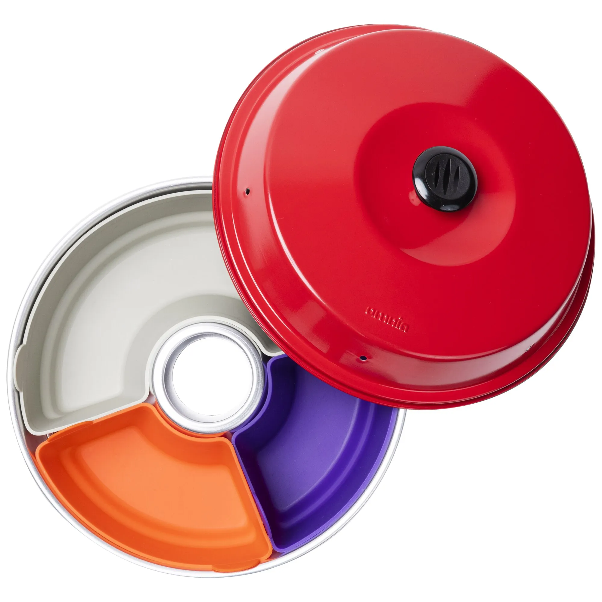 Set mit sechs farbigen Silikonformen in einer runden Dose mit rotem Deckel, darunter orange, violette und graue Formen