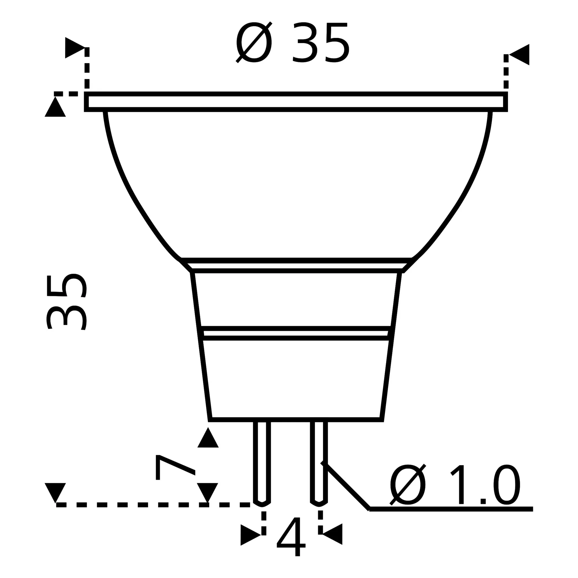 Technische Seitenansicht eines LED-Leuchtmittels GU4 mit 1 W, Ø35 mm, 35 mm hoch, 4-mm-Pinabstand und Ø1-mm-Pins