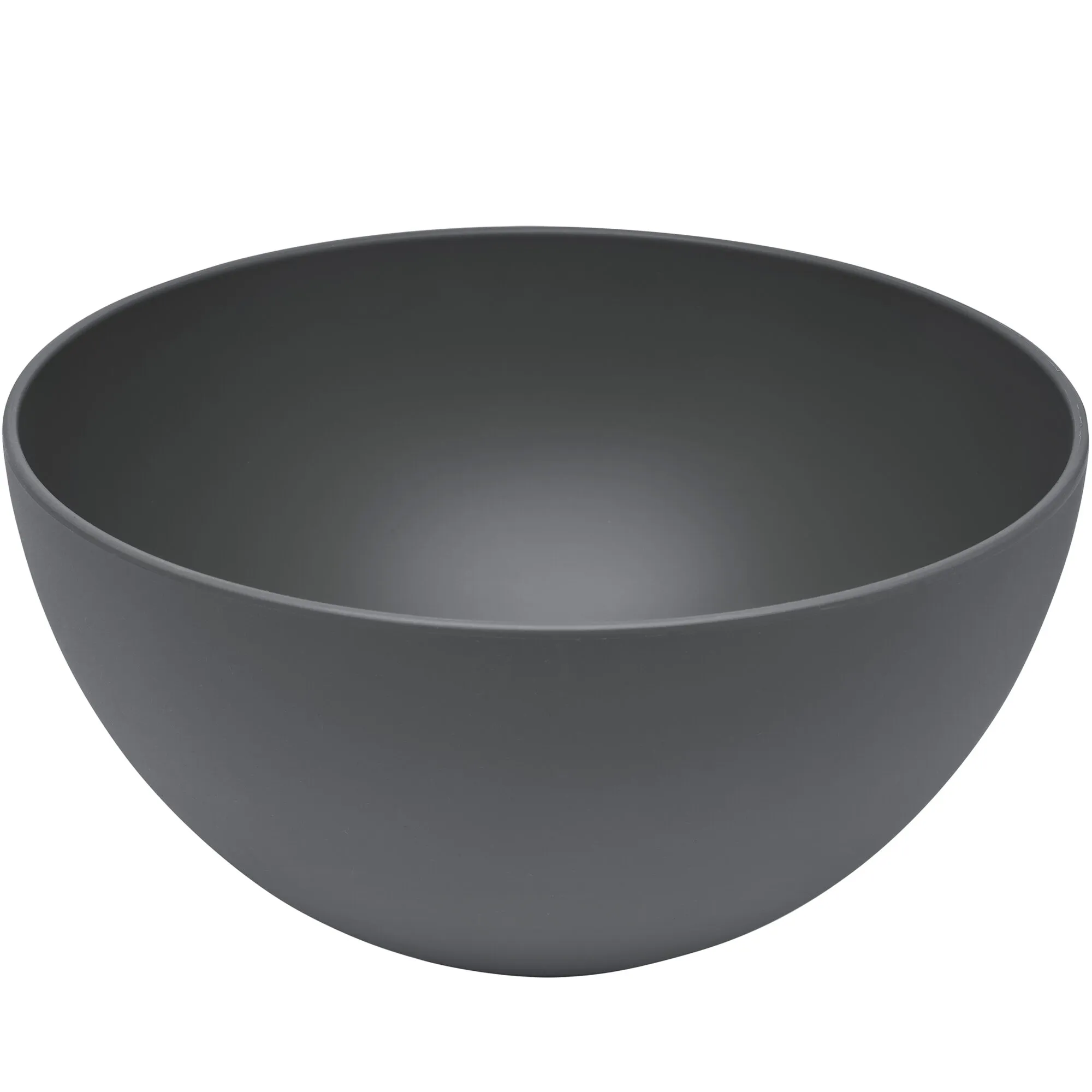 Dunkelgraue runde Schüssel mit breitem Rand und glatter Oberfläche, Durchmesser 20 cm, in schräger Innenansicht