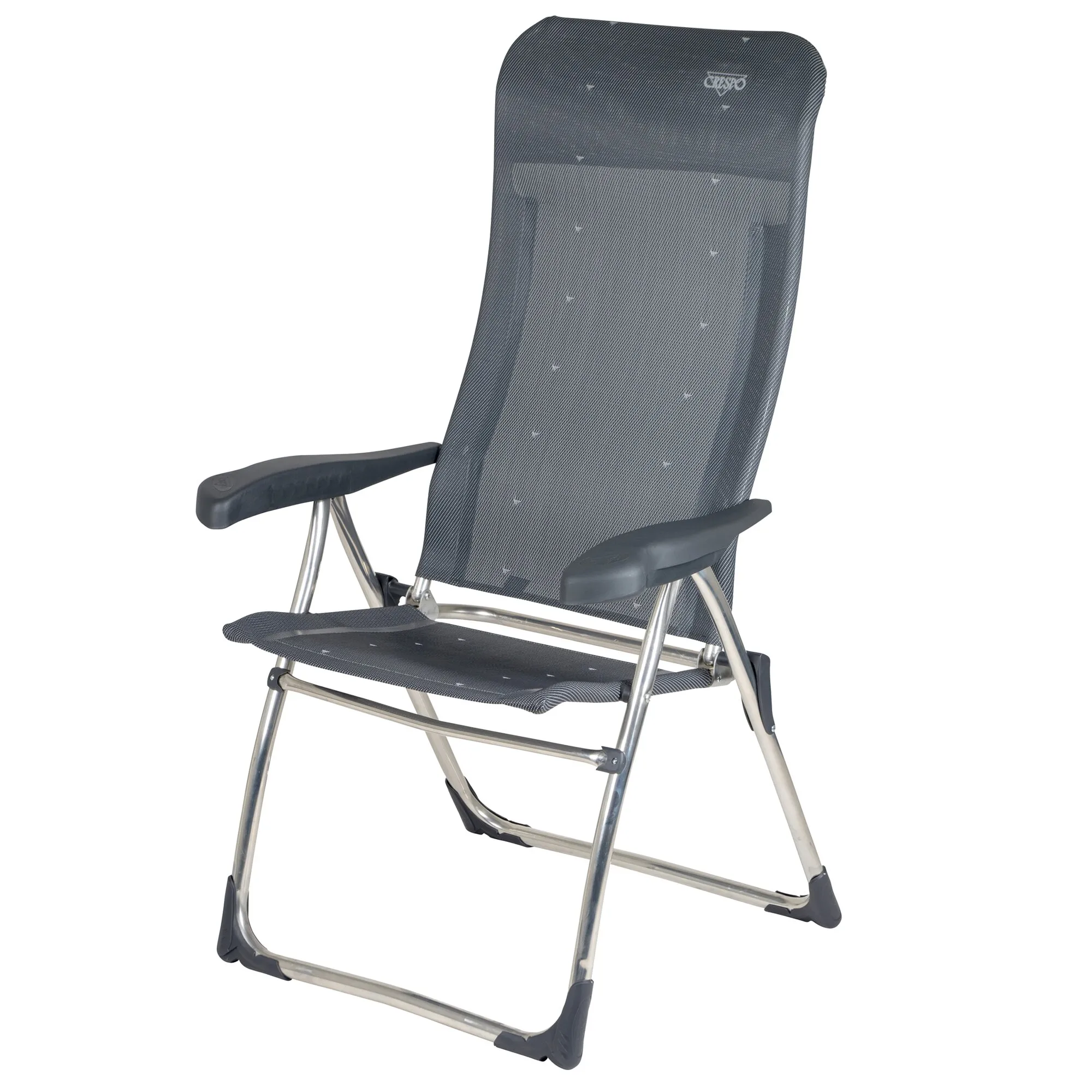Anthrazitfarbener Campingstuhl XS AL/215 Classic mit schwarzem Textilbezug, Armlehnen und silbernem Aluminiumgestell