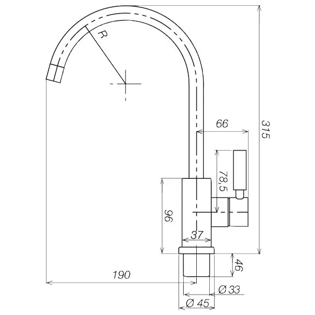 Technische Zeichnung eines Einhebelmischers mit hohem Gooseneck-Auslauf, seitlicher Hebelbedienung und runder Montagebasis